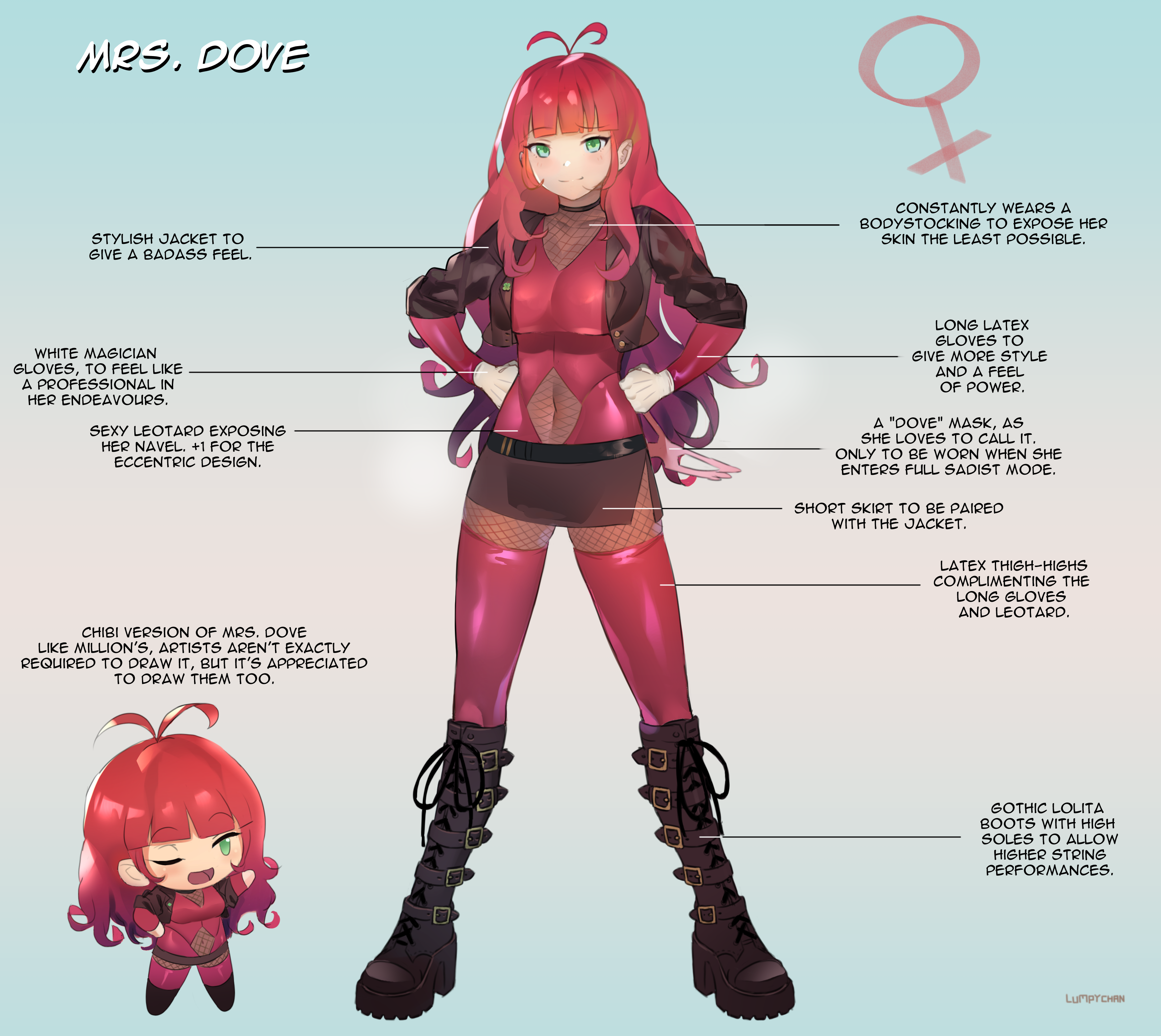 lumpychan, dove (abc), original, absurdres, commentary, commission, english commentary, highres, 1girl, black boots, bodystocking, boots, breasts, brown jacket, chibi, covered navel, cropped jacket, english text, fishnet bodystocking, fishnets, gloves, gradient hair, green eyes, hands on own hips, jacket, knee boots, long hair, lowleg, lowleg skirt, medium breasts, miniskirt, multicolored hair, purple hair, raised eyebrow, red hair, signature, skirt, slide, turtleneck, white gloves