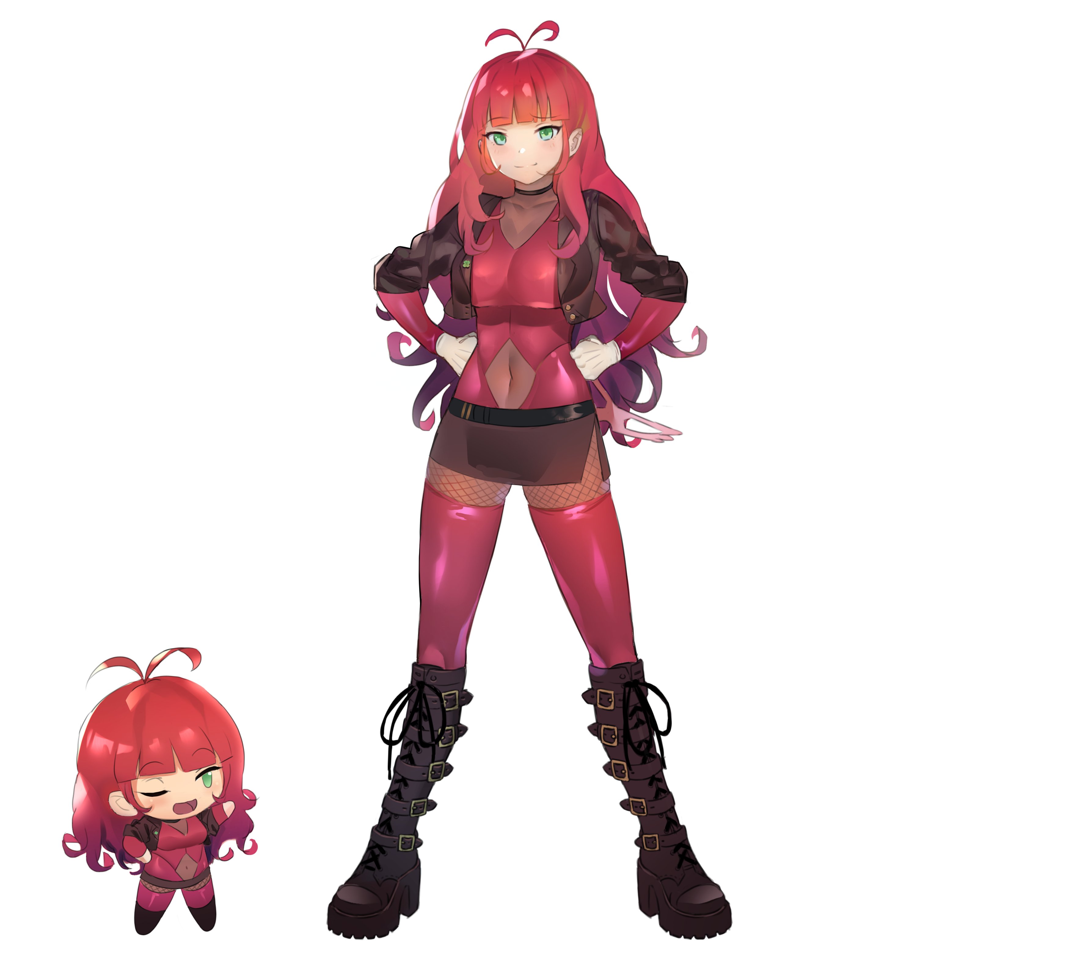 lumpychan, dove (abc), original, absurdres, commission, highres, textless version, 1girl, black boots, bodystocking, boots, breasts, brown jacket, chibi, covered navel, cropped jacket, fishnet bodystocking, fishnets, gloves, gradient hair, green eyes, hands on own hips, jacket, knee boots, long hair, lowleg, lowleg skirt, medium breasts, miniskirt, multicolored hair, purple hair, raised eyebrow, red hair, skirt, slide, turtleneck, white gloves