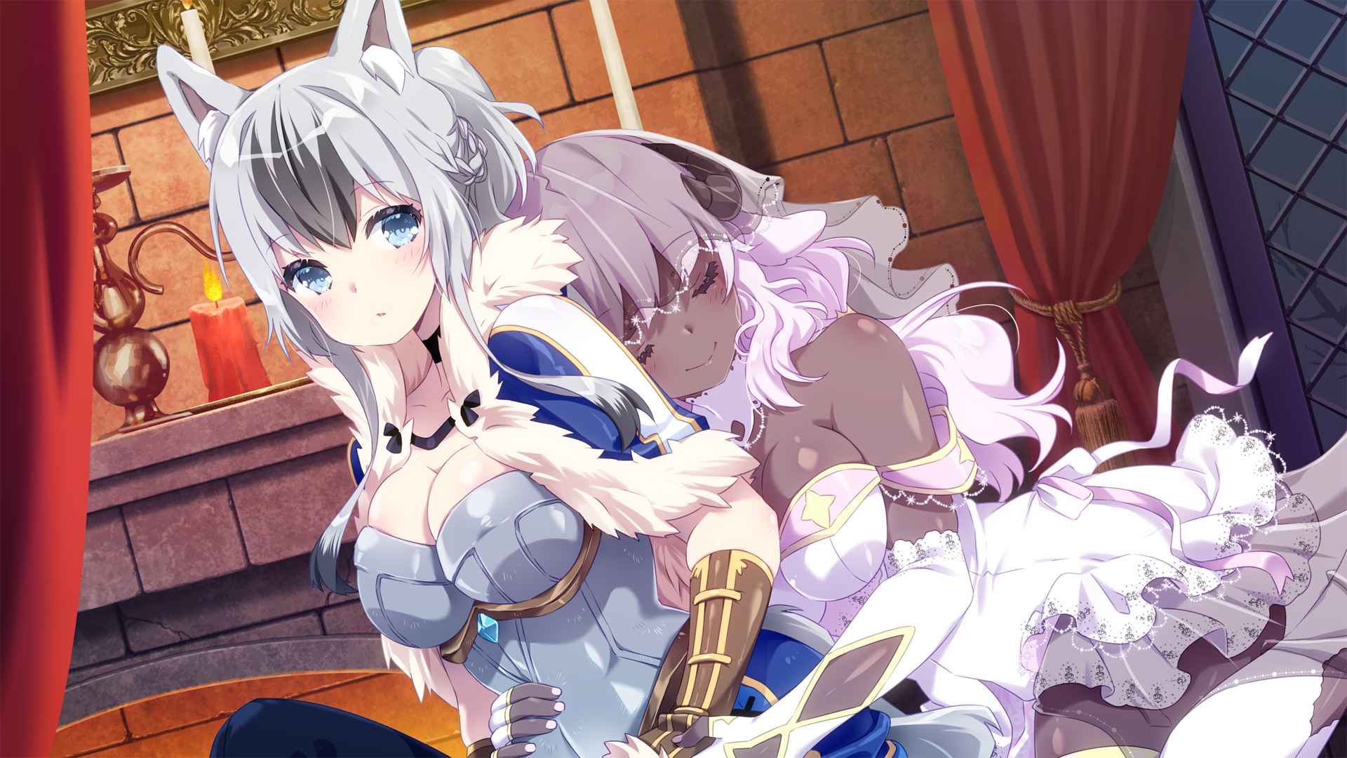 inma, aki (sakura isekai adventure), sakura isekai adventure, highres, official art, 2girls, animal ears, armor, armored dress, bedroom, black choker, choker, dark skin, dress, frilled dress, frills, fur jacket, grey hair, jacket, luna (sakura isekai adventure), multicolored hair, multiple girls, wolf ears, yuri