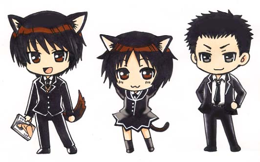 sakiran densha, yukikoma, tachibana jun'ichi, tachibana miya, umehara masayoshi, amagami, 1girl, 2boys, :3, animal ears, chibi, multiple boys, school uniform, tail