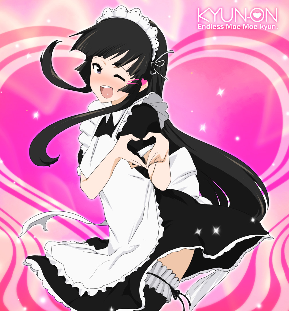 usatarou, akiyama mio, k-on!, 00s, 1girl, alternate costume, black hair, enmaided, female focus, frilled thighhighs, frills, grey eyes, heart, heart hands, long hair, maid, moe moe kyun!, one eye closed, solo, thighhighs, wink, zettai ryouiki