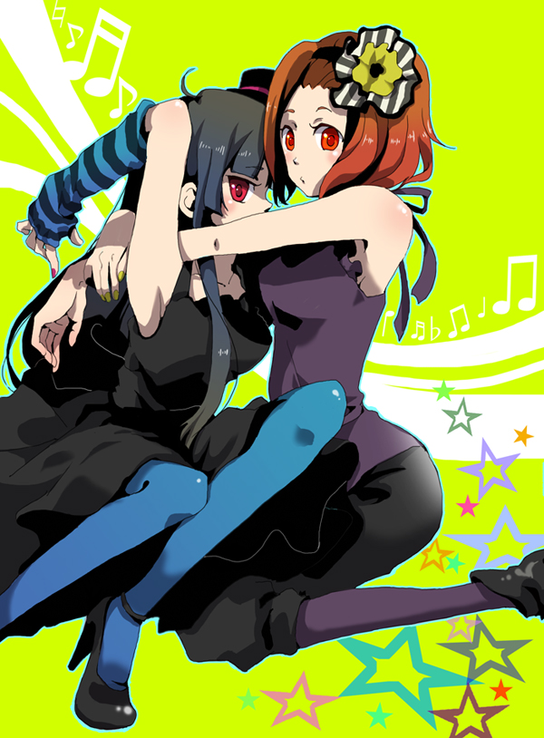 tsukiyama, tsukiyanma, akiyama mio, tainaka ritsu, don't say "lazy", k-on!, 00s, 2girls, black hair, blue pantyhose, brown hair, dress, flower, gloves, hair flower, hair ornament, high heels, hug, multiple girls, nail polish, pantyhose, pink eyes, pink nails, red eyes, shoes, single glove, star (symbol), tomboy, yellow nails