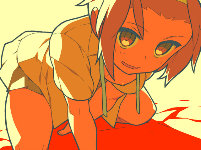 itsumo nokoru, tainaka ritsu, k-on!, 00s, 1girl, breasts, brown eyes, brown hair, female focus, grin, medium breasts, nipple slip, nipples, school uniform, short hair, smile, solo, squatting, tomboy