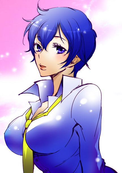 kotobuki toro, shirogane naoto, atlus, persona, persona 4, bad id, bad pixiv id, 1girl, blue eyes, blue hair, breasts, female focus, large breasts, matching hair/eyes, necktie, shirt, short hair, solo