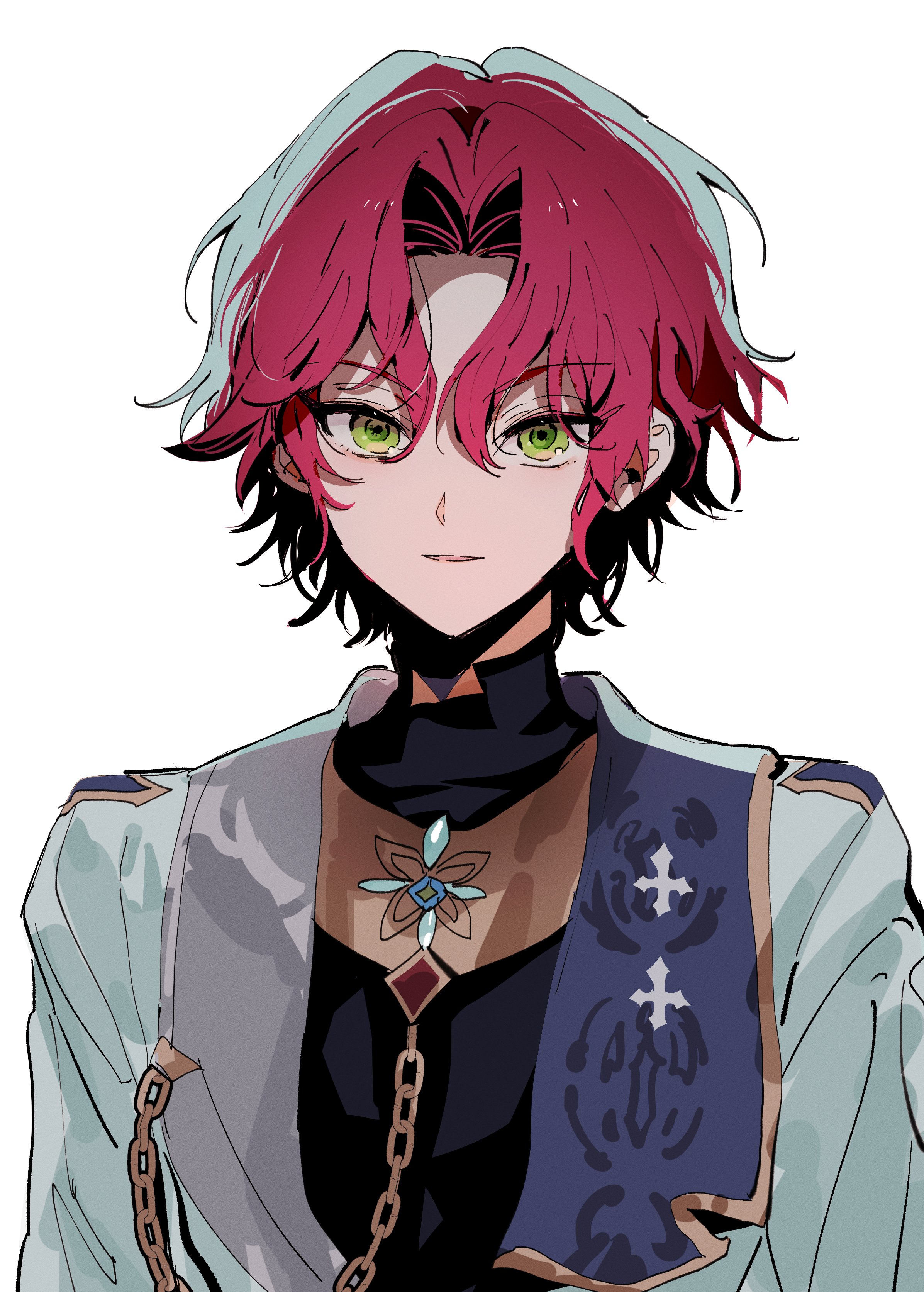 eichi turnr, isara mao, ensemble stars!, absurdres, highres, 1boy, chain, cross, green eyes, lapels, looking at viewer, male focus, official alternate costume, official alternate hairstyle, parted lips, purple hair, short hair, simple background, solo, upper body, white background