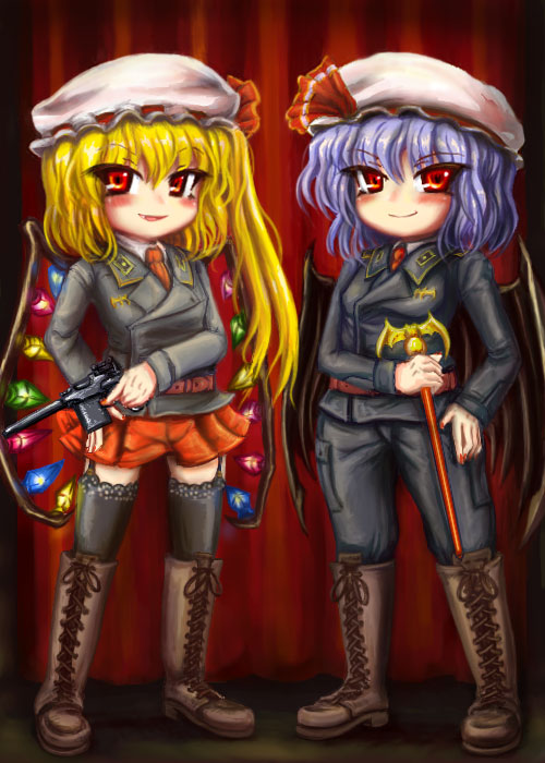 okiraku nikku, flandre scarlet, remilia scarlet, touhou, baton, 2girls, bat wings, blonde hair, blue hair, boots, female focus, garter belt, gun, hat, long hair, military, military uniform, miniskirt, multiple girls, necktie, pleated skirt, ponytail, red eyes, scepter, short hair, siblings, side ponytail, sisters, skirt, smile, standing, thighhighs, weapon, wings