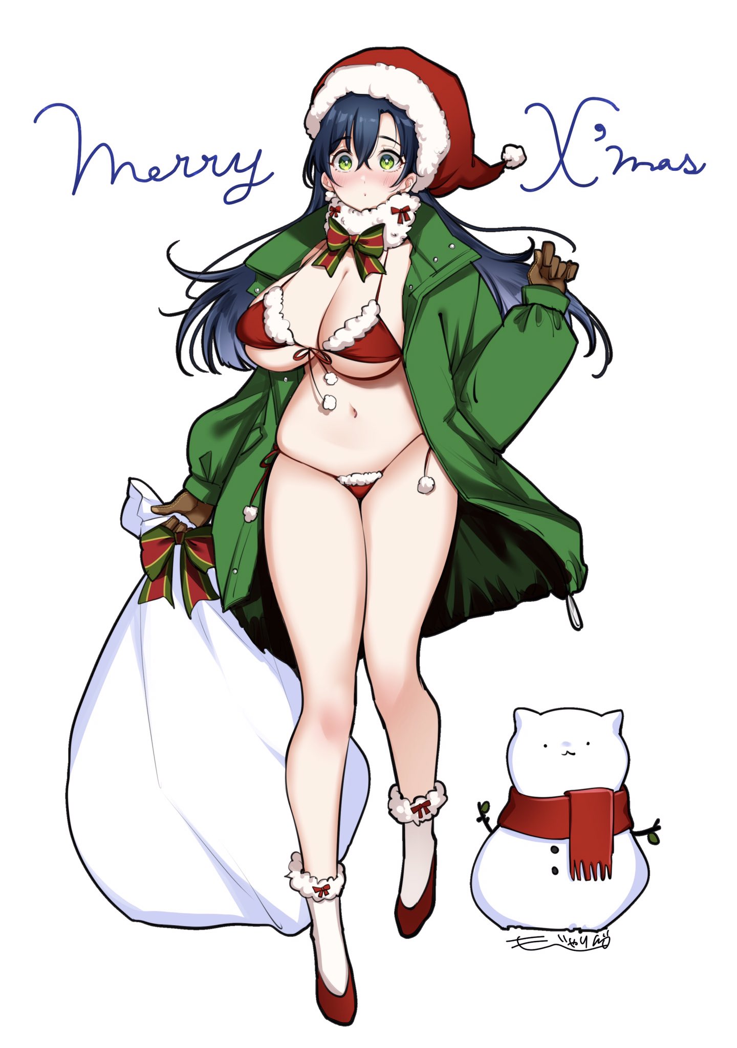 mojarin (kihara mojarin), highres, 1girl, bikini, blue hair, blush, bow, breasts, brown gloves, christmas, coat, collarbone, embarrassed, english text, full body, fur-trimmed headwear, fur trim, gloves, green coat, green eyes, hair between eyes, hair bow, hand up, hat, high heels, holding, holding sack, huge breasts, long hair, long sleeves, looking at viewer, merry christmas, nadeshiko-san just can't say no!, nadeshiko (nadeshiko-san just can't say no!), navel, open clothes, open coat, red bikini, red hat, red shoes, sack, santa bikini, santa costume, santa hat, shoes, sidelocks, signature, simple background, snowman, socks, solo, standing, swimsuit, tareme, thighhighs, white background, white socks, wide-eyed