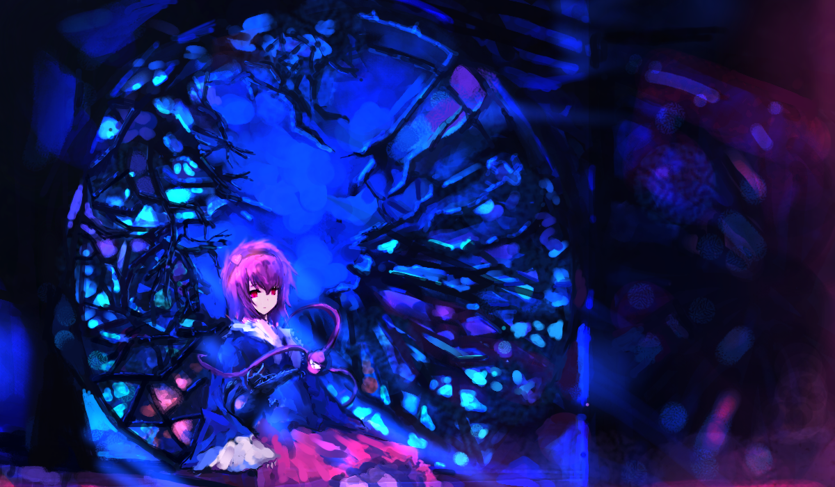 akn, komeiji satori, touhou, bad id, bad pixiv id, 1girl, female focus, pink eyes, pink hair, sitting, solo