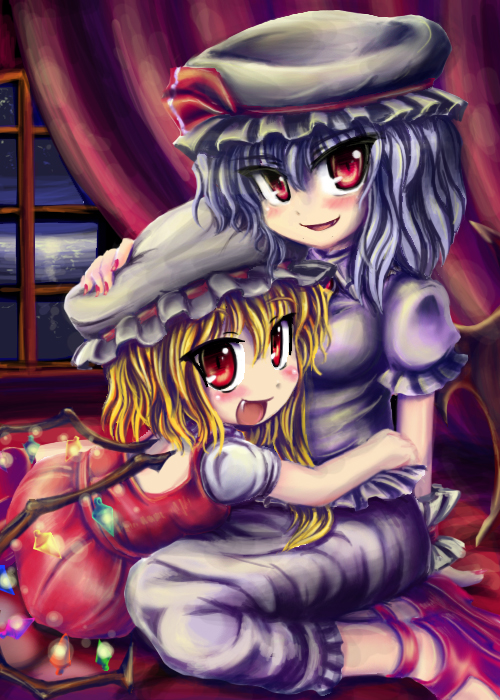 okiraku nikku, flandre scarlet, remilia scarlet, touhou, 2girls, bat wings, blonde hair, blue hair, female focus, hat, multiple girls, red eyes, short hair, siblings, sisters, wings