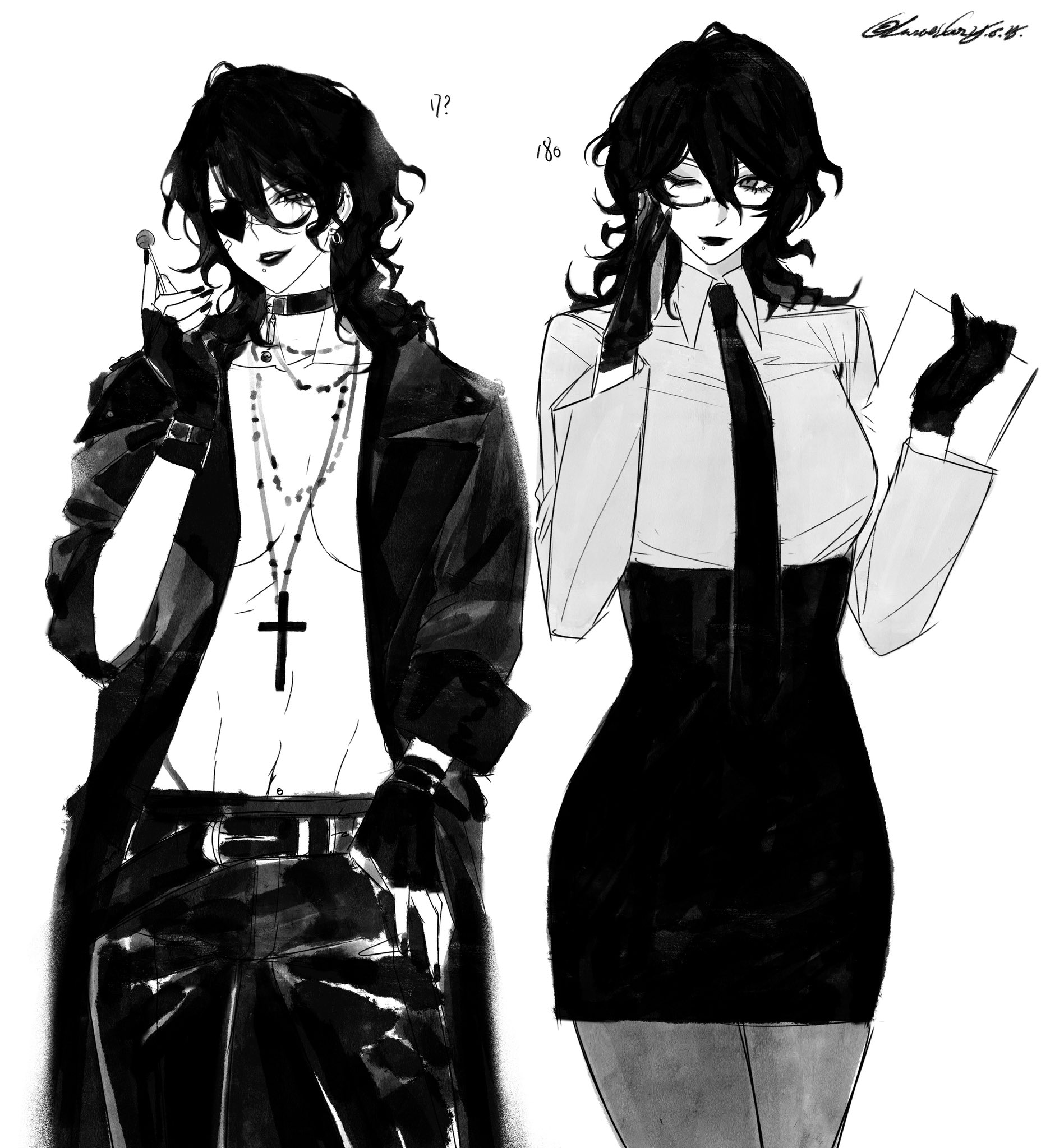 sakuma rei (ensemble stars!), ensemble stars!, highres, 1girl, adjusting eyewear, belt, black nails, breasts, candy, choker, coat, collared shirt, cross, cross necklace, dual persona, earrings, face piercing, fingerless gloves, food, genderswap, genderswap (mtf), glasses, gloves, greyscale, hair between eyes, holding, holding candy, holding food, holding lollipop, holding paper, jewelry, large breasts, lip piercing, lipstick, lollipop, long hair, long sleeves, looking at viewer, lunaticotat, makeup, medium hair, monochrome, multiple views, navel, necklace, necktie, one eye closed, open clothes, open mouth, pants, pantyhose, paper, pencil skirt, piercing, shirt, simple background, skirt, smile, white background