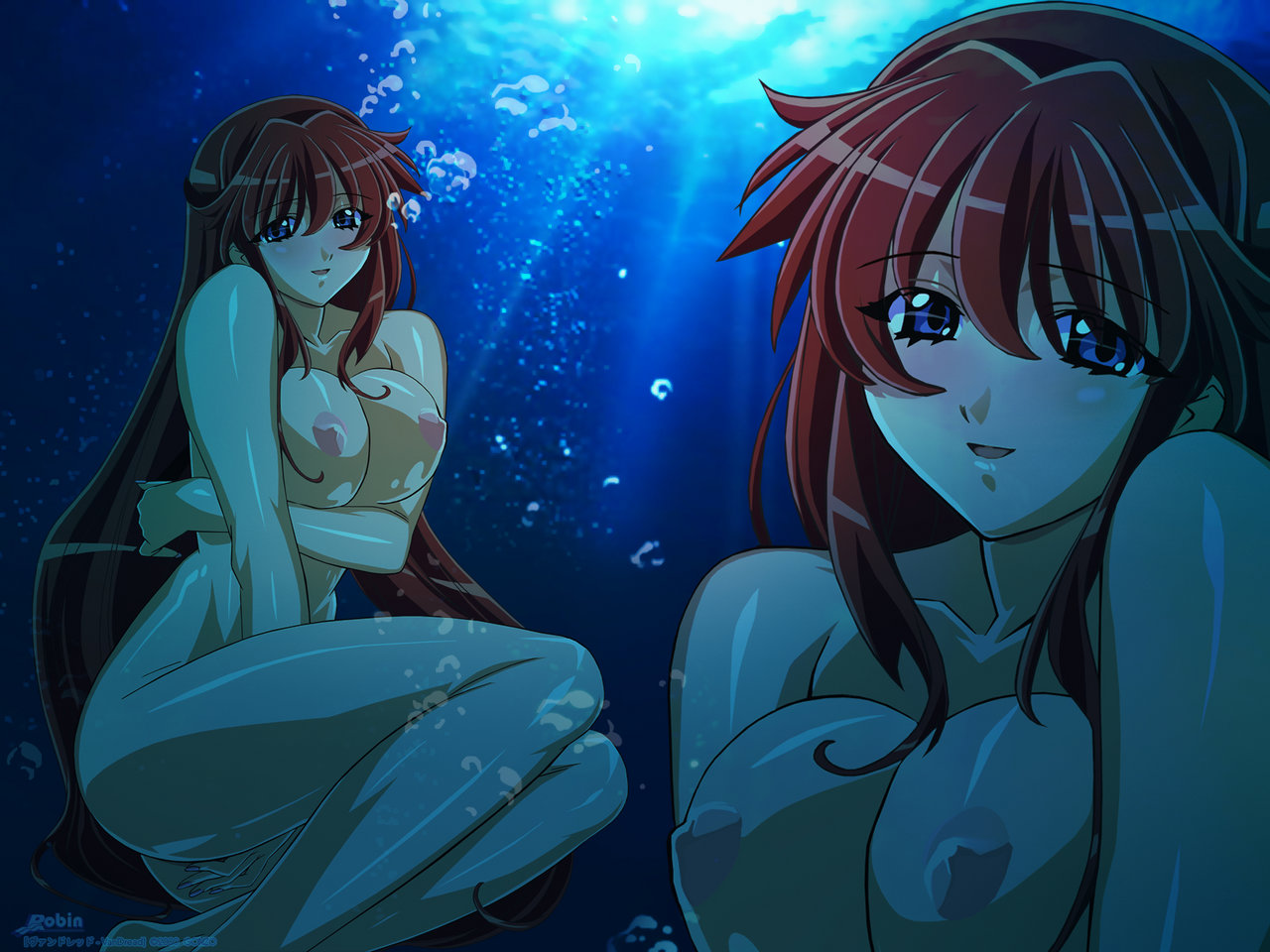 robin (artist), dita liebely, vandread, breast hold, 00s, 1girl, blue eyes, breasts, bubble, large breasts, legs, long hair, long legs, nipples, nude, red hair, thighs, underwater