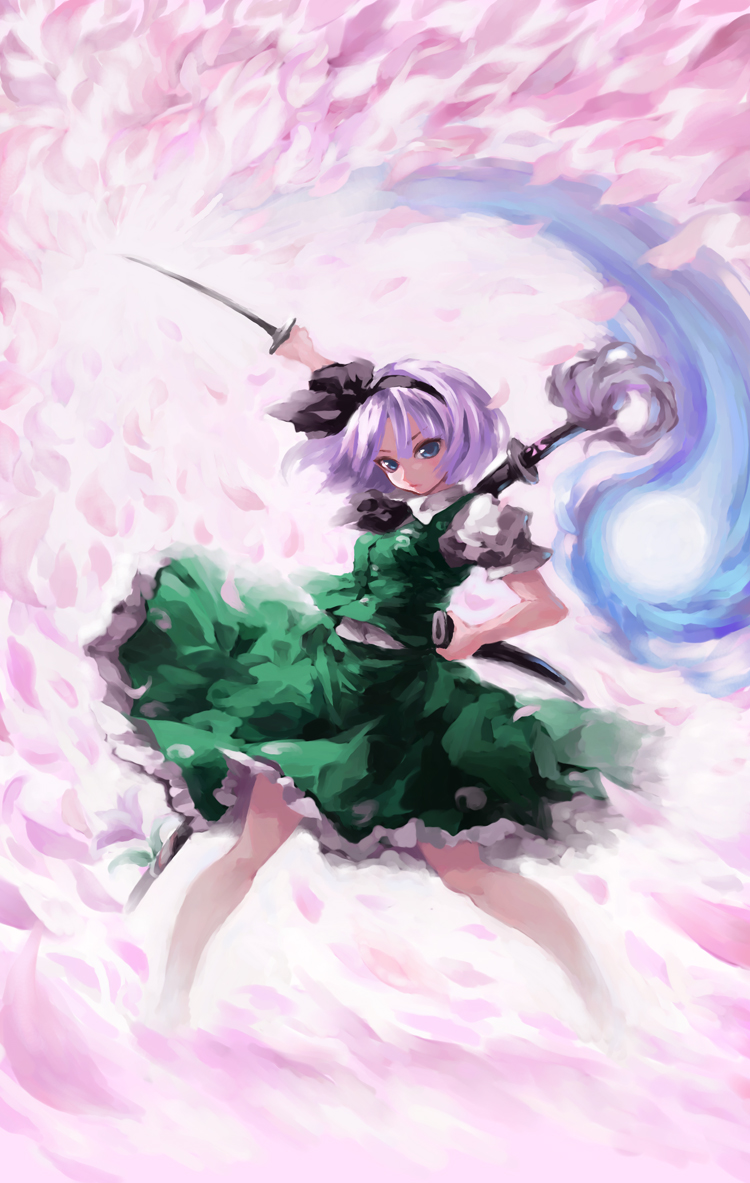 iseki, iseki (kuroshura no tabiji), iseki (otameshi), konpaku youmu, konpaku youmu (ghost), touhou, light purple hair, silver hair, 1girl, bare legs, blue eyes, female focus, fighting stance, flower, ghost, hairband, katana, looking at viewer, petals, sheath, short hair, sketch, skirt, skirt set, solo, standing, sword, weapon
