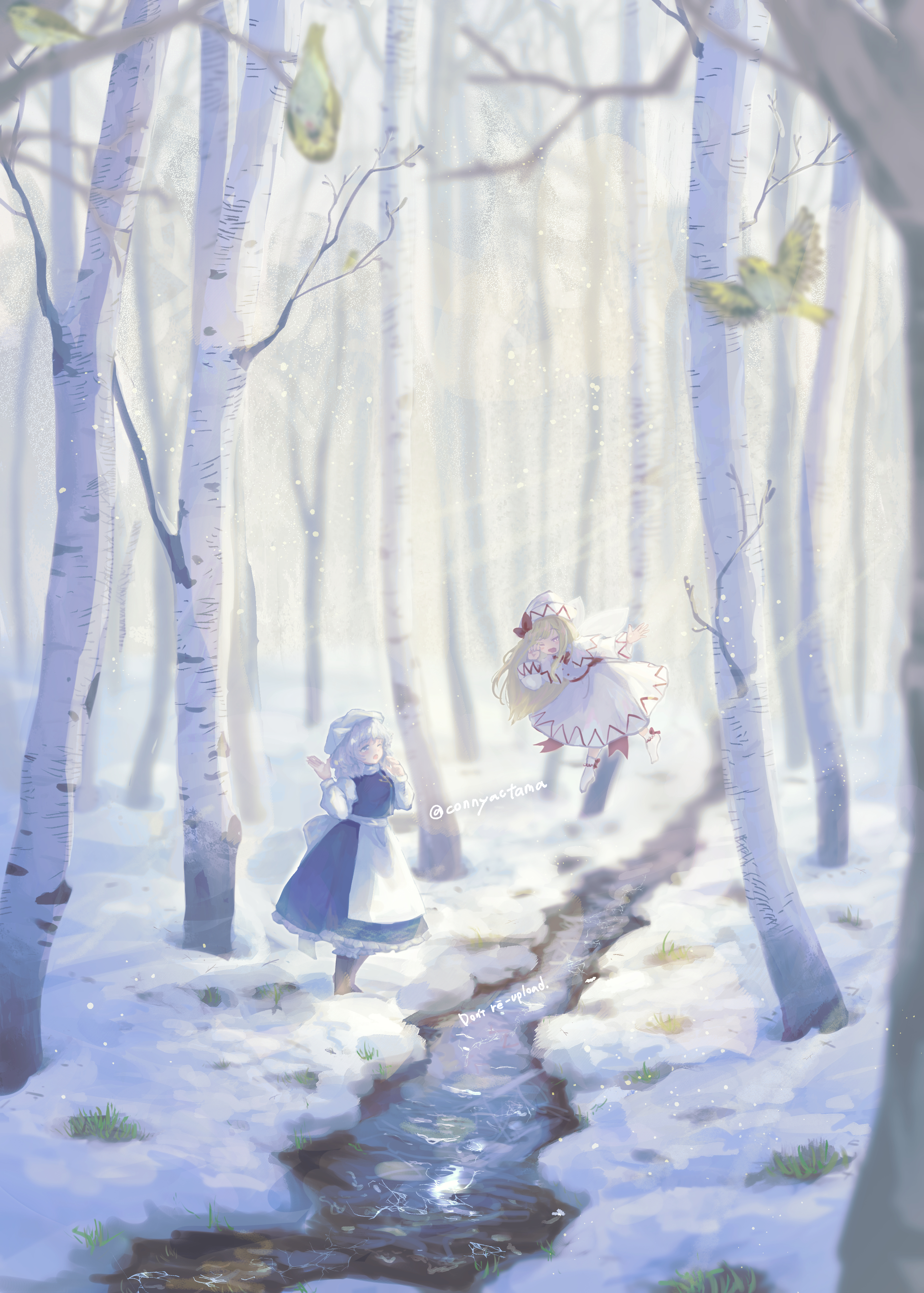 mozu (tamakonnyaku), letty whiterock, lily white, touhou, absurdres, commentary, highres, 2girls, ;o, apron, bird, black boots, blonde hair, blue skirt, blue vest, boots, capelet, dress, fairy, fairy wings, floating, forest, full body, grey hair, hat, long hair, medium hair, multiple girls, nature, one eye closed, outdoors, outstretched arms, rubbing eyes, scarf, shirt, skirt, smile, snow, socks, straight hair, stream, tree, twitter username, very long hair, vest, white apron, white capelet, white dress, white hat, white scarf, white shirt, white socks, wings, winter