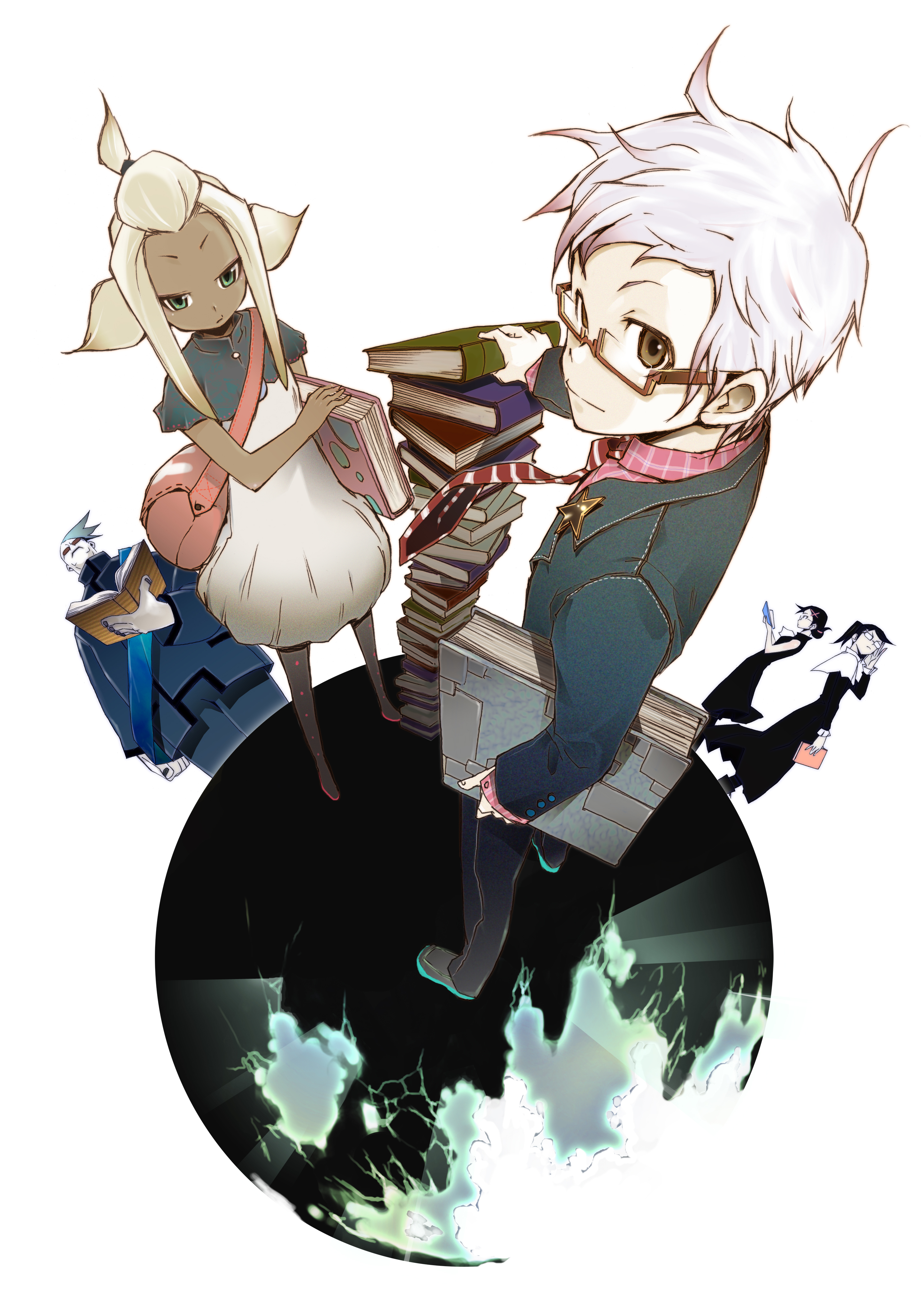 fuse ryuuta, ryuuta (ipse), ryuuta (pixiv), original, absurdres, bad id, bad pixiv id, highres, 2boys, 3girls, adjusting eyewear, black hair, blonde hair, book, book stack, brown eyes, dark skin, glasses, green eyes, long hair, multiple boys, multiple girls, open book, reading, short hair