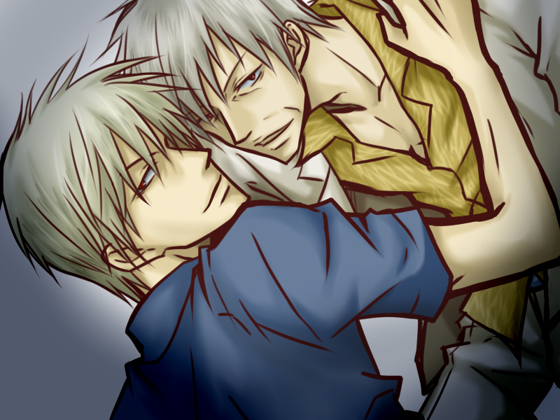 motoki aki, naoya (pixiv), akagi shigeru, akagi, akagi: yami ni oritatta tensai, fukumoto mahjong, silver hair, 2boys, dual persona, male focus, multiple boys, red eyes, selfcest