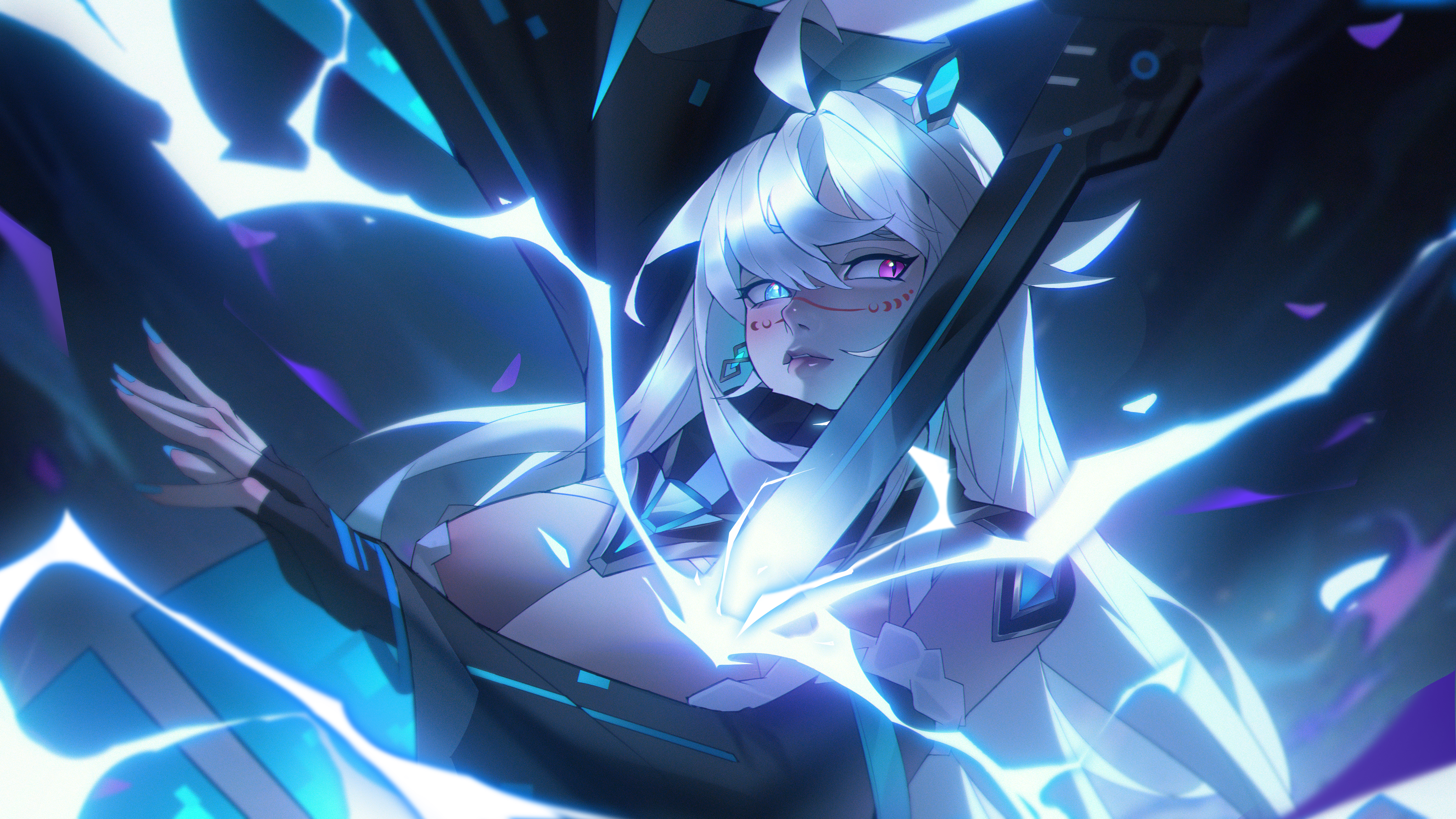 emiruuu, prot0type7, indie virtual youtuber, absurdres, highres, second-party source, 1girl, ahoge, black gloves, black sleeves, blue eyes, blue nails, breasts, cleavage, earrings, electricity, facial mark, fingerless gloves, gloves, heterochromia, jewelry, lips, long hair, pink eyes, solo, sword, upper body, virtual youtuber, weapon, white hair