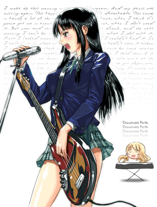 s zenith lee, akiyama mio, kotobuki tsumugi, megurine luka, takoluka, k-on!, king missile, vocaloid, striped, 2girls, bass guitar, black eyes, black hair, blazer, blonde hair, blunt bangs, blush, detachable penis, english text, guitar, hime cut, instrument, jacket, keyboard, keyboard (instrument), laughing, long hair, microphone, microphone stand, miniskirt, multiple girls, music, octopus, parody, plaid clothes, plaid skirt, pleated skirt, ribbon, school uniform, sidelocks, singing, skirt, smile, standing, tentacles