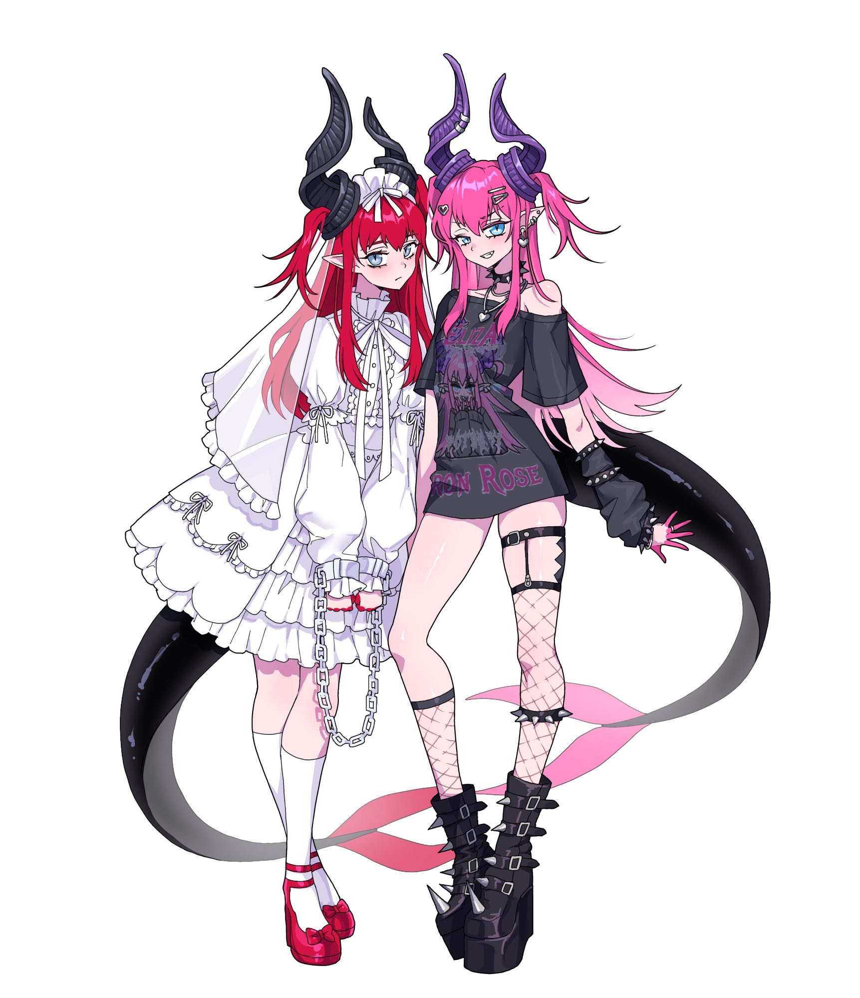 ddwiyong, fate/grand order, fate (series), highres, 2girls, arm warmers, asymmetrical horns, asymmetrical legwear, blue eyes, boots, bound, bound wrists, chain, choker, cuffs, dragon girl, dragon horns, dragon tail, dress, elizabeth bathory (avenger) (fate), elizabeth bathory (perfect) (first ascension) (fate), fishnet thighhighs, fishnets, frilled dress, frills, full body, grin, hair ornament, hairclip, handcuffs, horns, jewelry, legband, legwear garter, lolita fashion, long hair, long shirt, looking at viewer, multiple girls, multiple piercings, necklace, pink hair, platform boots, pointy ears, print shirt, punk, red hair, red shoes, see-through clothes, see-through veil, shirt, shoes, simple background, single arm warmer, single off shoulder, smile, socks, spiked choker, spikes, standing, t-shirt, tail, thighhighs, two side up, veil, white background, white dress, white headdress, white socks, white veil