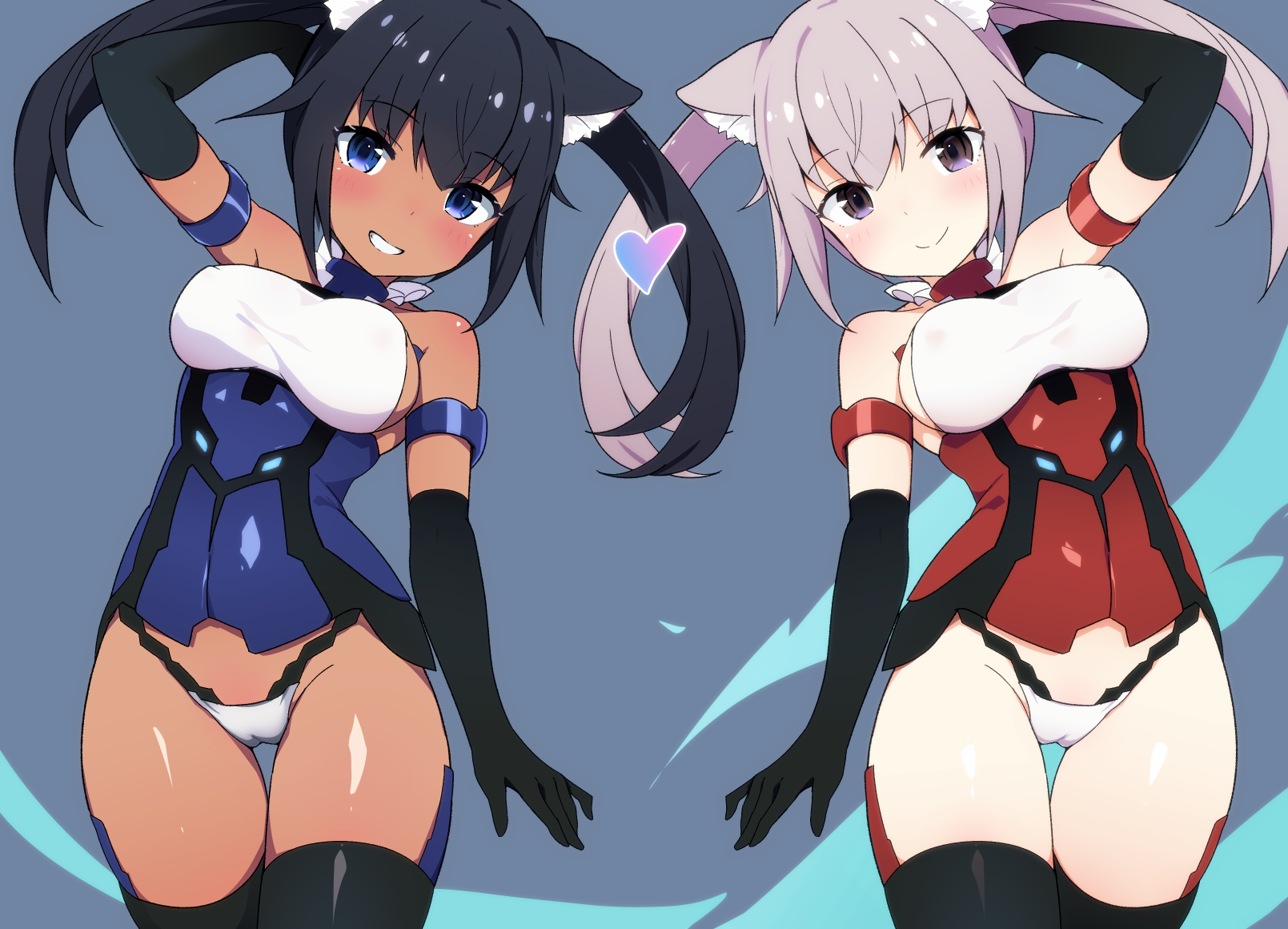 ko pot-au-feu, innocentia, frame arms girl, commentary, english commentary, highres, mixed-language commentary, 2girls, animal ear fluff, animal ears, arm behind head, arm strap, arm up, ascot, black eyes, black gloves, black hair, black thighhighs, blue ascot, blue eyes, blue leotard, blush, breasts, cameltoe, cat ears, cat girl, closed mouth, collar, cowboy shot, dark-skinned female, dark skin, detached collar, dual persona, elbow gloves, gloves, grey hair, grin, groin, highleg, highleg leotard, large breasts, leotard, long hair, looking at viewer, multicolored eyes, multiple girls, purple eyes, red ascot, red leotard, sideboob, smile, split mouth, thighhighs, twintails, two-tone eyes, white collar