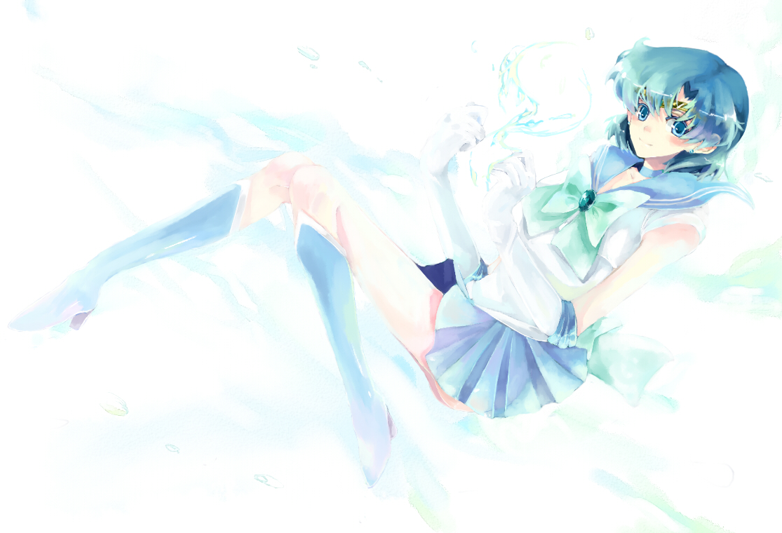 nako, nako (nonrain), mizuno ami, sailor mercury, bishoujo senshi sailor moon, bad id, bad pixiv id, 1990s (style), 1girl, blue boots, blue eyes, blue hair, blue sailor collar, blue skirt, blue theme, boots, bow, choker, earrings, elbow gloves, female focus, gloves, jewelry, knee boots, leotard, light smile, magical girl, matching hair/eyes, miniskirt, pleated skirt, retro artstyle, sailor collar, short hair, skirt, solo, tiara, water, white gloves