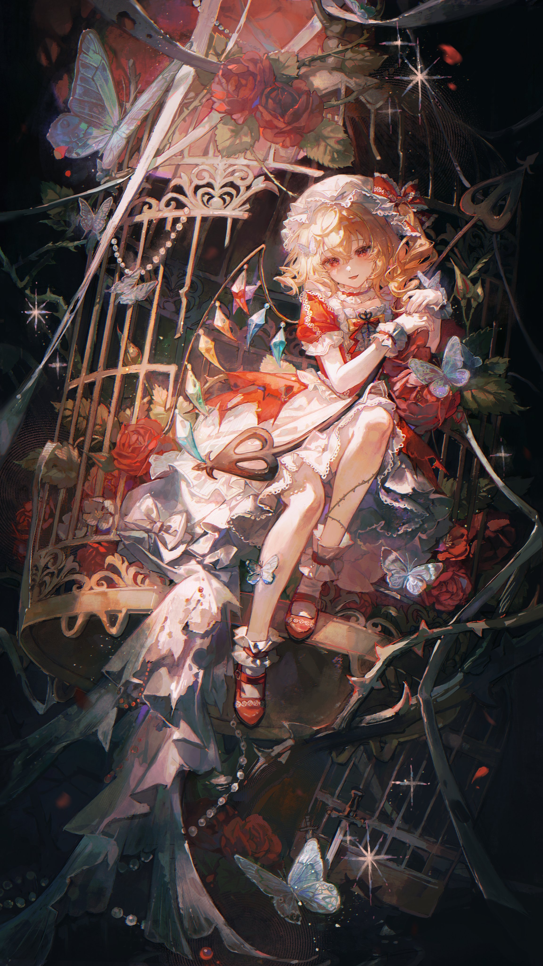 maccha (mochancc), flandre scarlet, touhou, absurdres, commentary, english commentary, highres, 1girl, :d, beads, birdcage, blonde hair, bow, bug, butterfly, cage, choker, dress, flower, frilled bow, frilled choker, frills, full body, hair between eyes, hair bow, hat, holding, holding polearm, holding weapon, insect, knife, laevatein (touhou), long hair, looking at viewer, mary janes, mob cap, open mouth, polearm, puffy short sleeves, puffy sleeves, red bow, red choker, red dress, red eyes, red flower, red rose, red shoes, rose, shoes, short sleeves, smile, socks, solo, thorns, weapon, white hat, white socks, wings, wrist cuffs