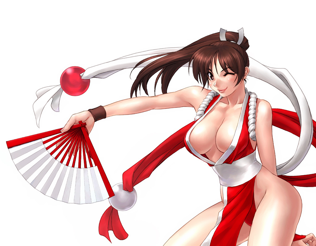 shiranui mai, fatal fury, snk, the king of fighters, 1girl, breasts, brown eyes, brown hair, cleavage, female focus, folding fan, hand fan, large breasts, long hair, one eye closed, pelvic curtain, ponytail, revealing clothes, solo, wink