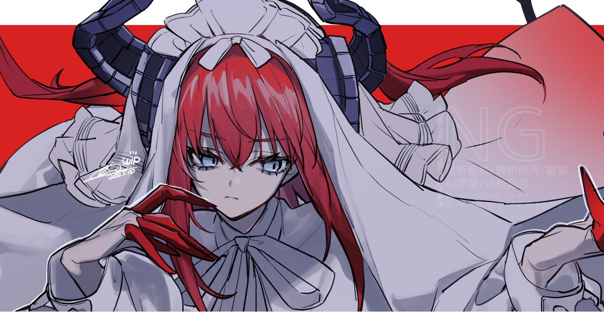 no-kan, fate/grand order, fate (series), highres, 1girl, blue eyes, colored extremities, dragon girl, dragon horns, elizabeth bathory (avenger) (fate), horns, lolita fashion, long hair, red background, red hair, simple background, solo, two side up, upper body, veil, white headdress, white veil