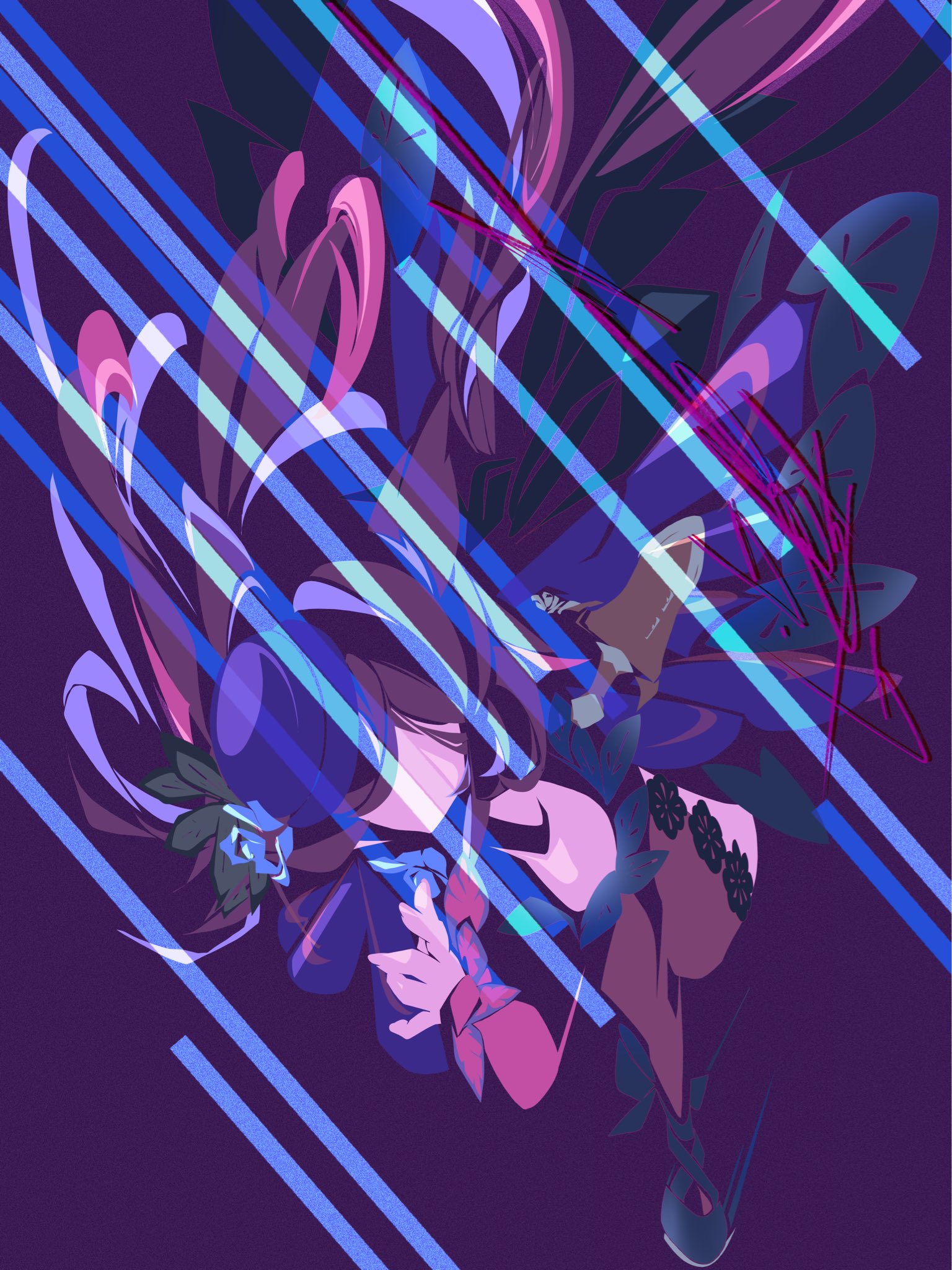 echoo, rice shower (rosy dreams) (umamusume), rice shower (umamusume), umamusume, highres, 1girl, animal ears, bare shoulders, black thighhighs, blue dress, blue flower, blue hat, blue rose, brown hair, dagger, dress, faceless, faceless female, fascinator, flipped hair, flower, hair over one eye, hat, hat flower, horse ears, horse girl, horse tail, knife, long hair, long sleeves, off-shoulder dress, off shoulder, rose, sheath, sheathed, solo, tail, thighhighs, tilted headwear, weapon