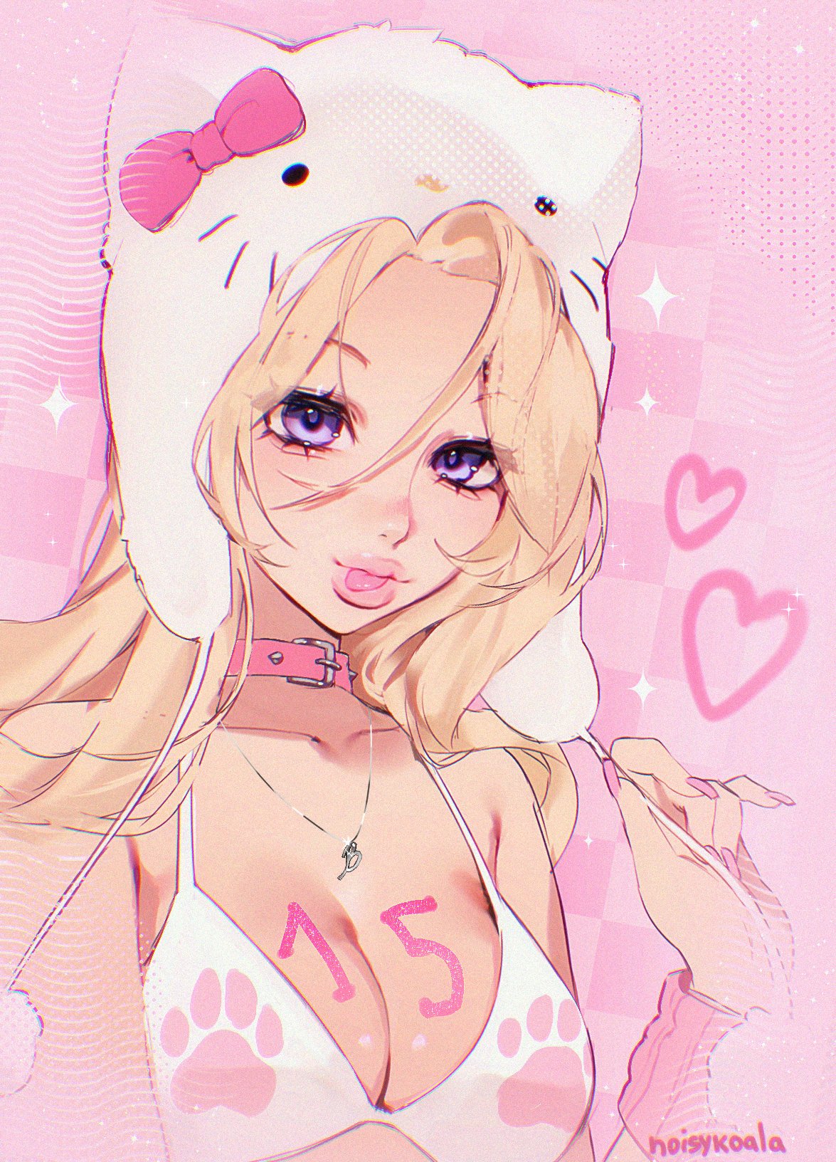 noisykoala, hello kitty, original, sanrio, silver necklace, highres, 1girl, :p, aegyo sal, animal hat, artist name, b (letter), beanie, belt collar, betty (noisykoala), blonde hair, bow, bra, breasts, cat hat, checkered background, chromatic aberration, cleavage, closed mouth, collar, curtained hair, earflap beanie, fingernails, halftone, hand up, hat, hat bow, heart, jewelry, light particles, long fingernails, long hair, looking at viewer, medium breasts, milestone celebration, necklace, parted bangs, paw print, pink arm warmers, pink background, pink collar, pink nails, pink theme, purple eyes, sketch, sparkle, spiked collar, spikes, thick lips, tongue, tongue out, underwear, upper body, white bra