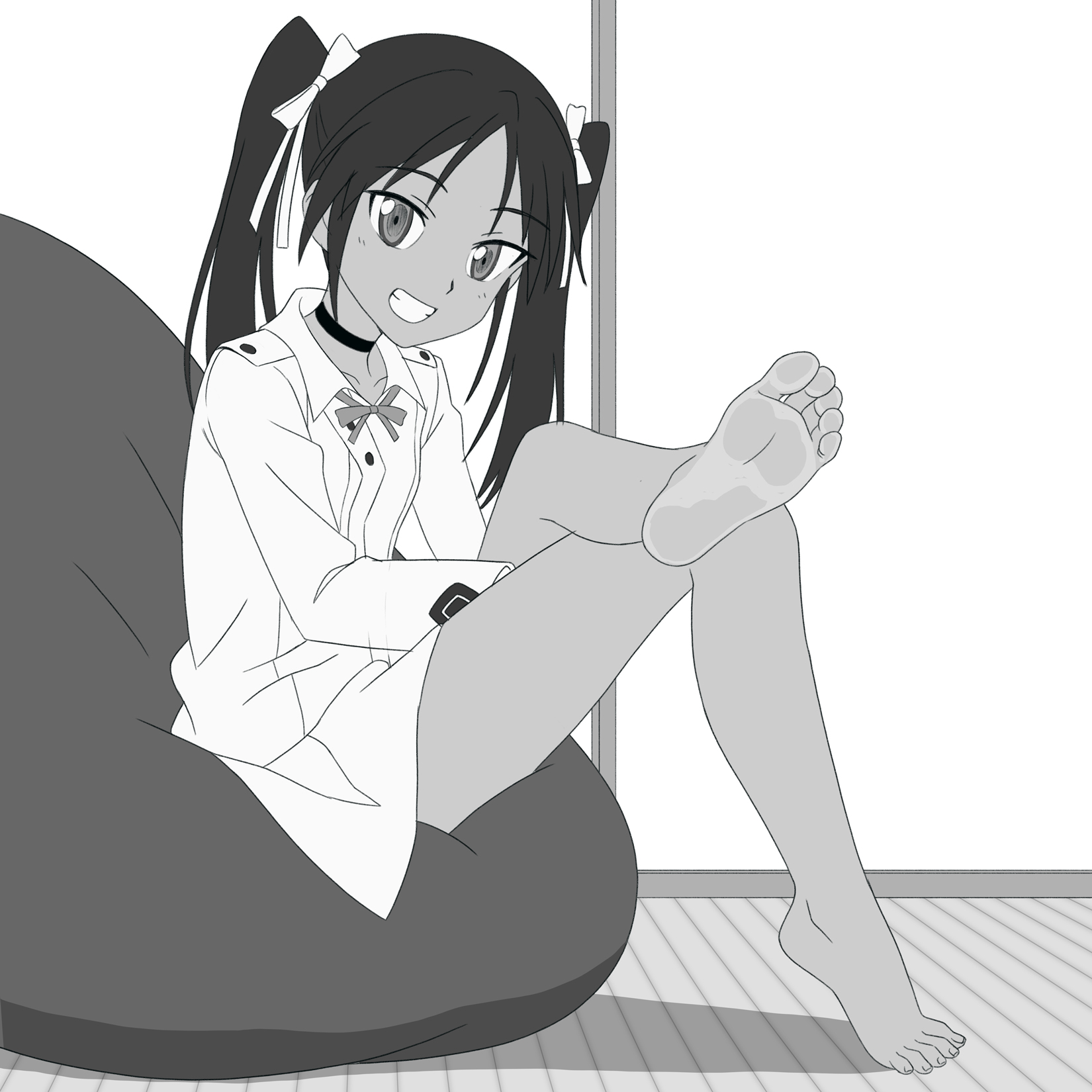 conejologia, francesca lucchini, strike witches, world witches series, highres, 1girl, barefoot, black choker, black hair, blush, bow, bowtie, choker, dark-skinned female, dark skin, indoors, jacket, long hair, monochrome, no pants, sitting, smile, solo, twintails, white jacket