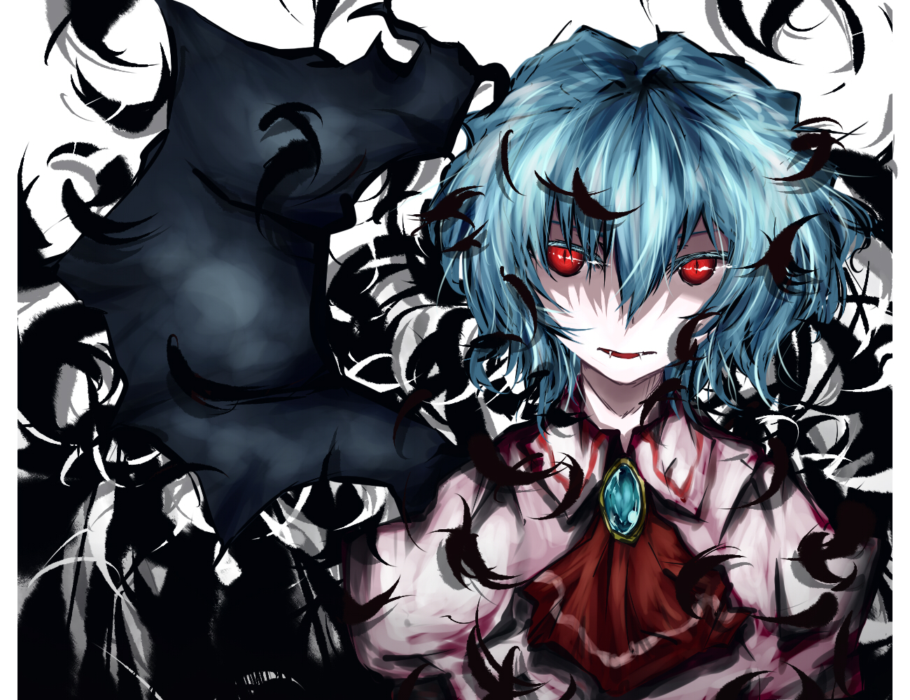 takuan (kyou sonogoro), takuan (pixiv), remilia scarlet, touhou, 1girl, bat wings, blue hair, fangs, female focus, kyo sonogoro, red eyes, short hair, solo, wings