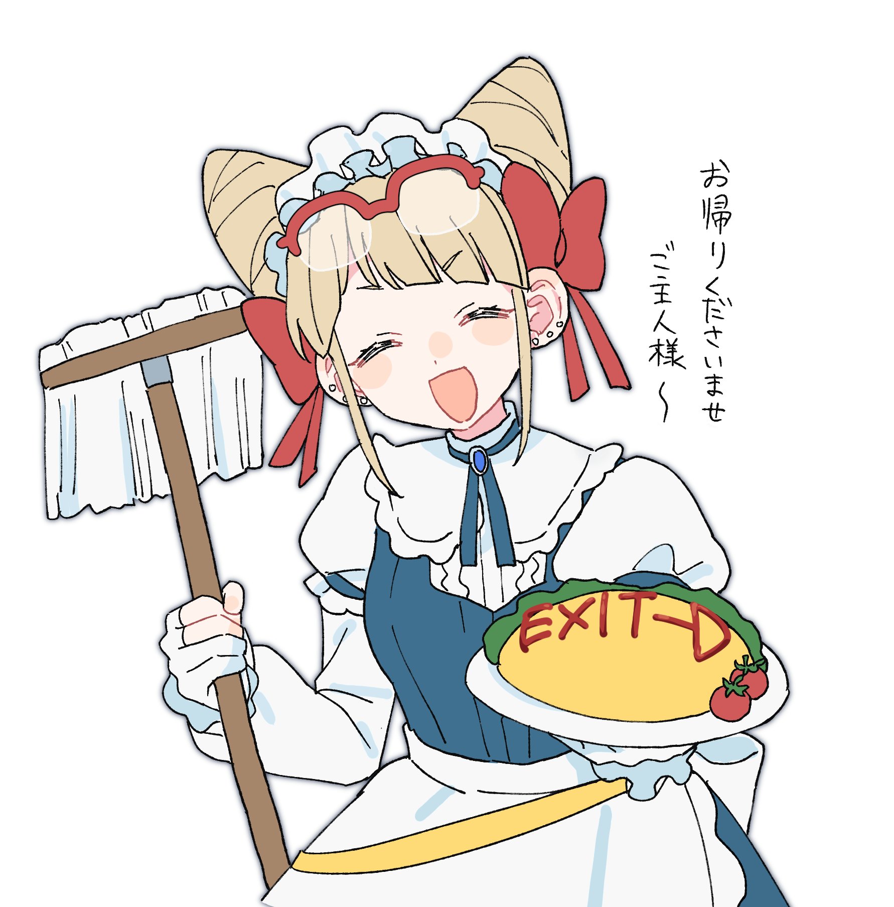 kahuka25, jasmine (toshi densetsu kaitai center), toshi densetsu kaitai center, commentary request, highres, translation request, 1girl, :d, ^ ^, apron, blonde hair, blue dress, blue ribbon, bow, cherry tomato, closed eyes, cone hair bun, cowboy shot, diagonal bangs, double bun, dress, facing viewer, food, food writing, gloves, hair bow, hair bun, holding, holding mop, holding plate, maid, maid headdress, mop, neck ribbon, official alternate costume, omelet, omurice, open mouth, partially fingerless gloves, plate, red bow, ribbon, short hair, simple background, smile, solo, standing, tomato, waist apron, white apron, white background, white gloves