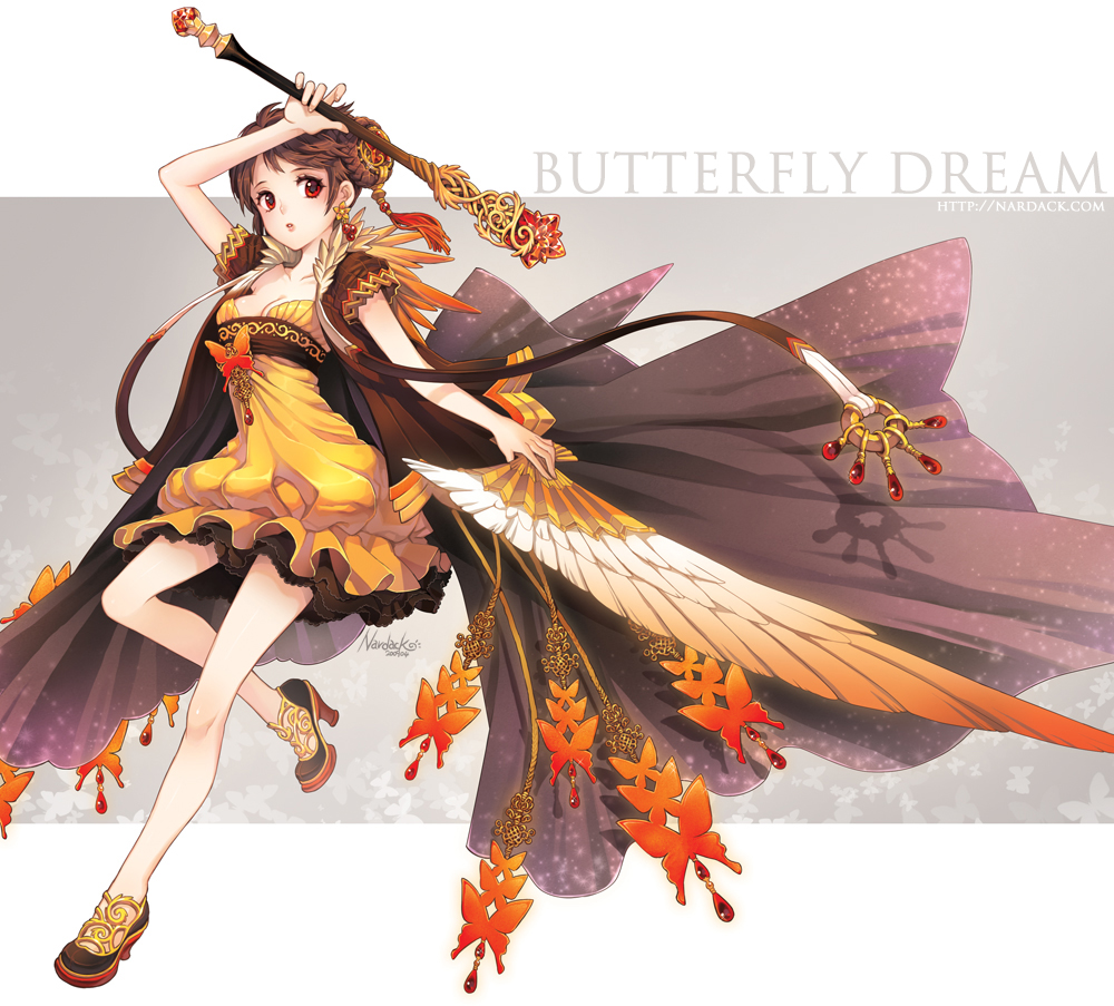 nardack, 1girl, brown hair, bug, butterfly, cape, double bun, dress, female focus, full body, hair bun, hand fan, high heels, insect, legs, red eyes, shoes, solo, wand