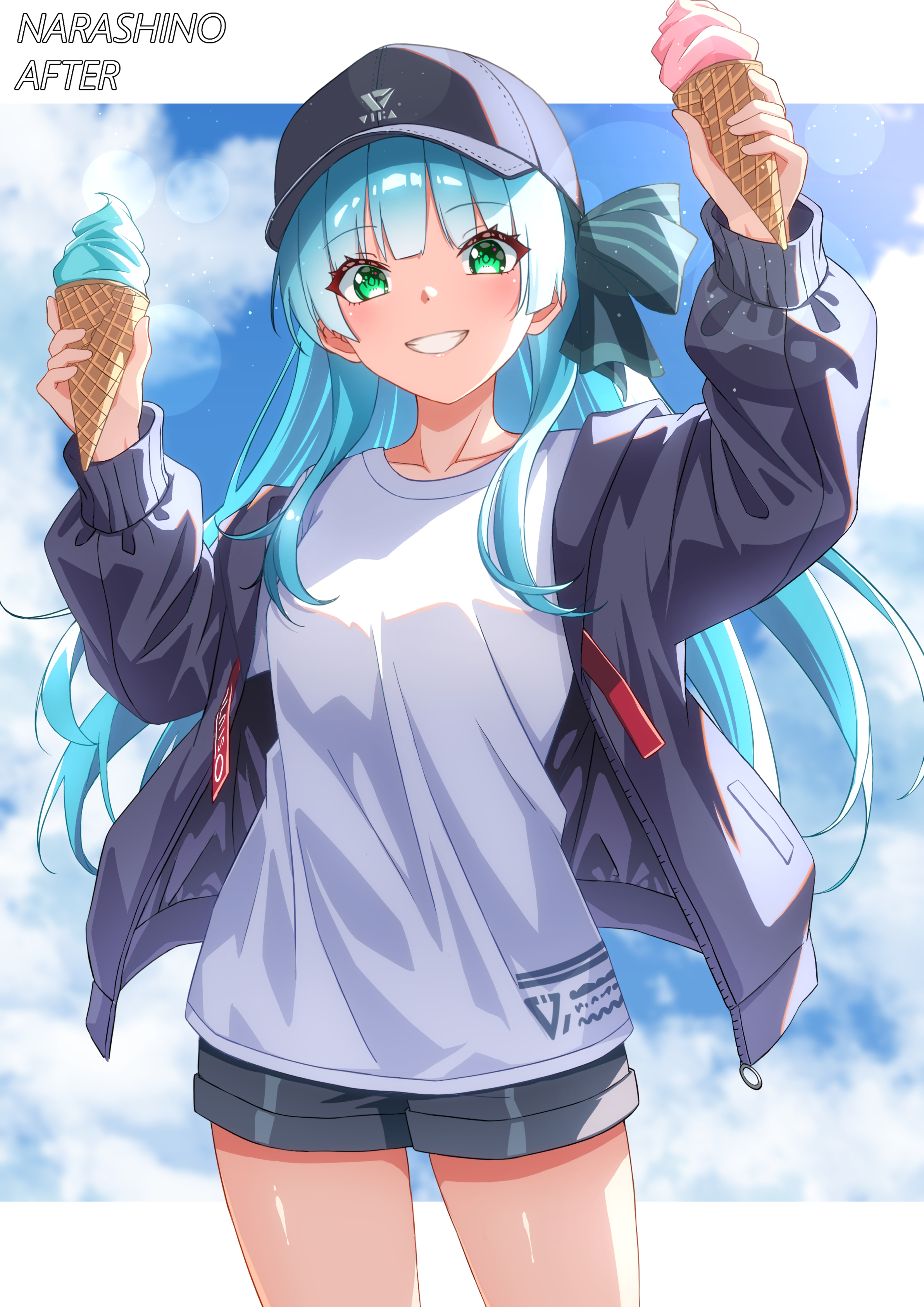 asaba touka, rumi (heaven burns red), heaven burns red, absurdres, highres, 1girl, aged up, aqua hair, baseball cap, black jacket, black shorts, blue hair, blue sky, blunt bangs, blush, bow, breasts, cloud, collarbone, copyright name, cowboy shot, day, food, green eyes, grey shorts, grin, hair bow, hat, holding, holding food, holding ice cream, ice cream, ice cream cone, jacket, lens flare, long hair, long sleeves, looking at viewer, open clothes, open jacket, outdoors, puffy long sleeves, puffy sleeves, shirt, short shorts, shorts, sky, smile, soft serve, solo, standing, teeth, white shirt, zipper