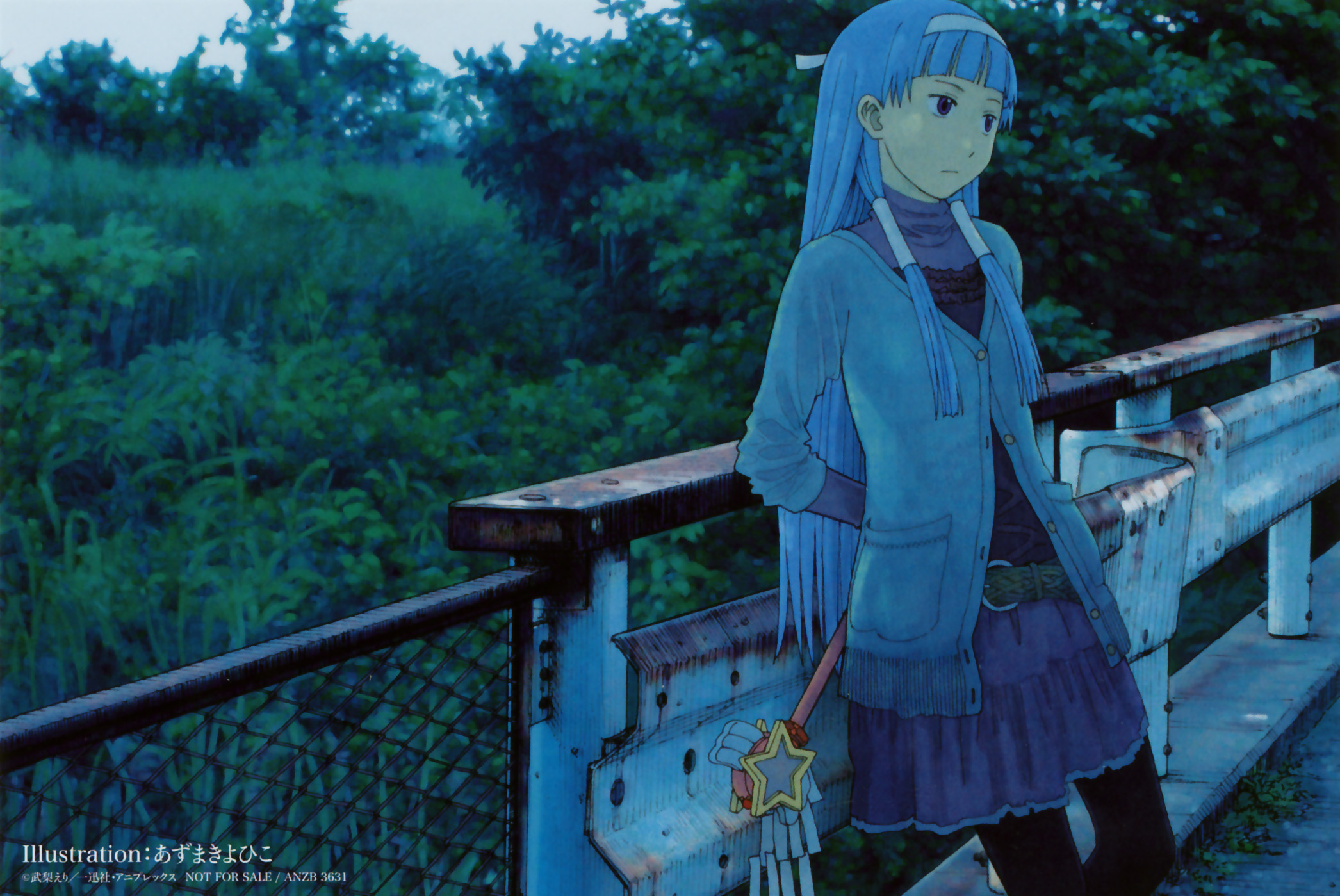 azuma kiyohiko, nagi, kannagi, highres, 00s, 1girl, arms behind back, belt, black pantyhose, blue hair, blunt bangs, chain-link fence, dark, female focus, fence, forest, guard rail, hair tubes, hairband, leggings, long hair, nature, pantyhose, purple eyes, railing, realistic, road, rust, shide, skirt, sleeves pushed up, solo, sweater, wand