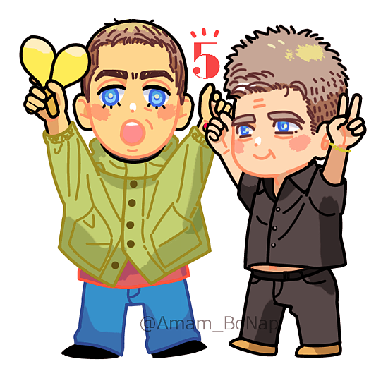 oasis (band), tagme, 2boys, amam bonap, blue pants, blush stickers, chibi, chibi only, closed mouth, hand on another's hand, hands up, holding, holding instrument, holding maracas, instrument, liam gallagher, maracas, multiple boys, noel gallagher, open mouth, pants, parka, teeth, twitter username, upper teeth only, white background
