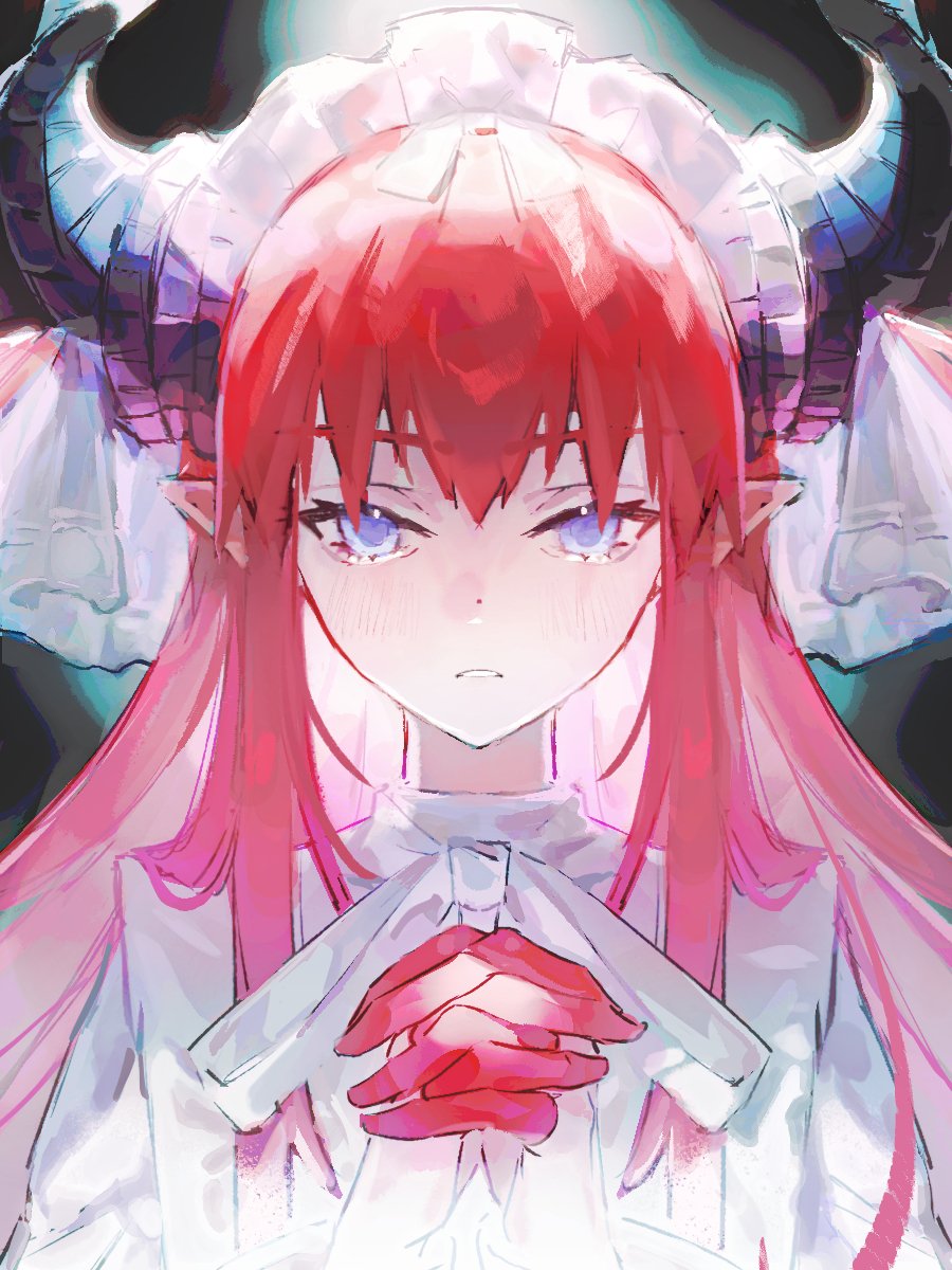 eduoheshui, fate/grand order, fate (series), highres, 1girl, blue eyes, blush, colored extremities, dragon girl, dragon horns, elizabeth bathory (avenger) (fate), horns, interlocked fingers, lolita fashion, long hair, looking at viewer, own hands together, pointy ears, praying, red hair, solo, two side up, upper body, veil, white headdress, white veil