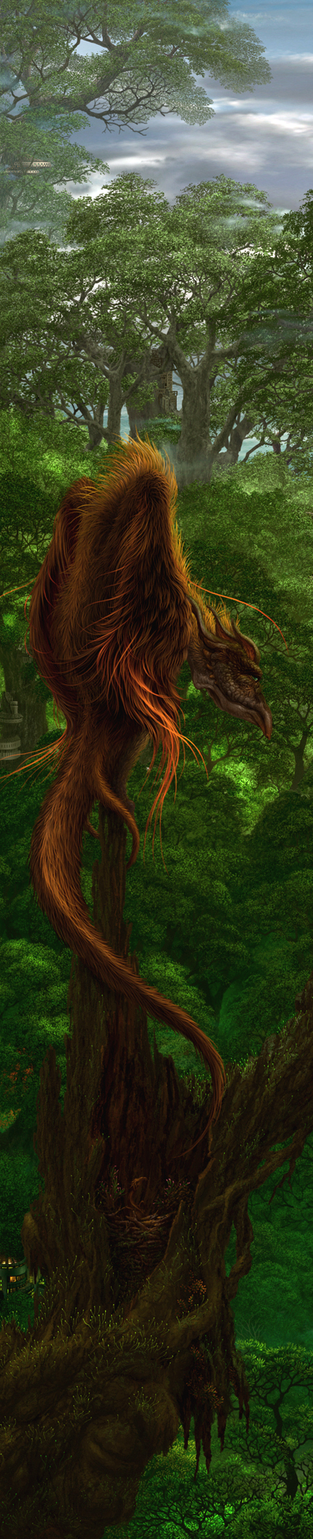 kazumasa uchio, uchio kazumasa, original, bad id, bad pixiv id, highres, long image, tall image, bird, cloud, creature, fantasy, forest, nature, no humans, scenery, tail, tree, treehouse