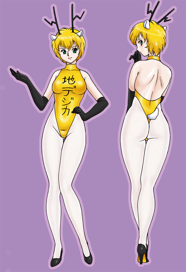 uraharukon, chidejika, japan commercial broadcasters association, animal ears, antlers, ass, blonde hair, deer antlers, elbow gloves, gloves, green eyes, high heels, horns, leotard, pantyhose, shoes, short hair, tail, thong leotard, white pantyhose
