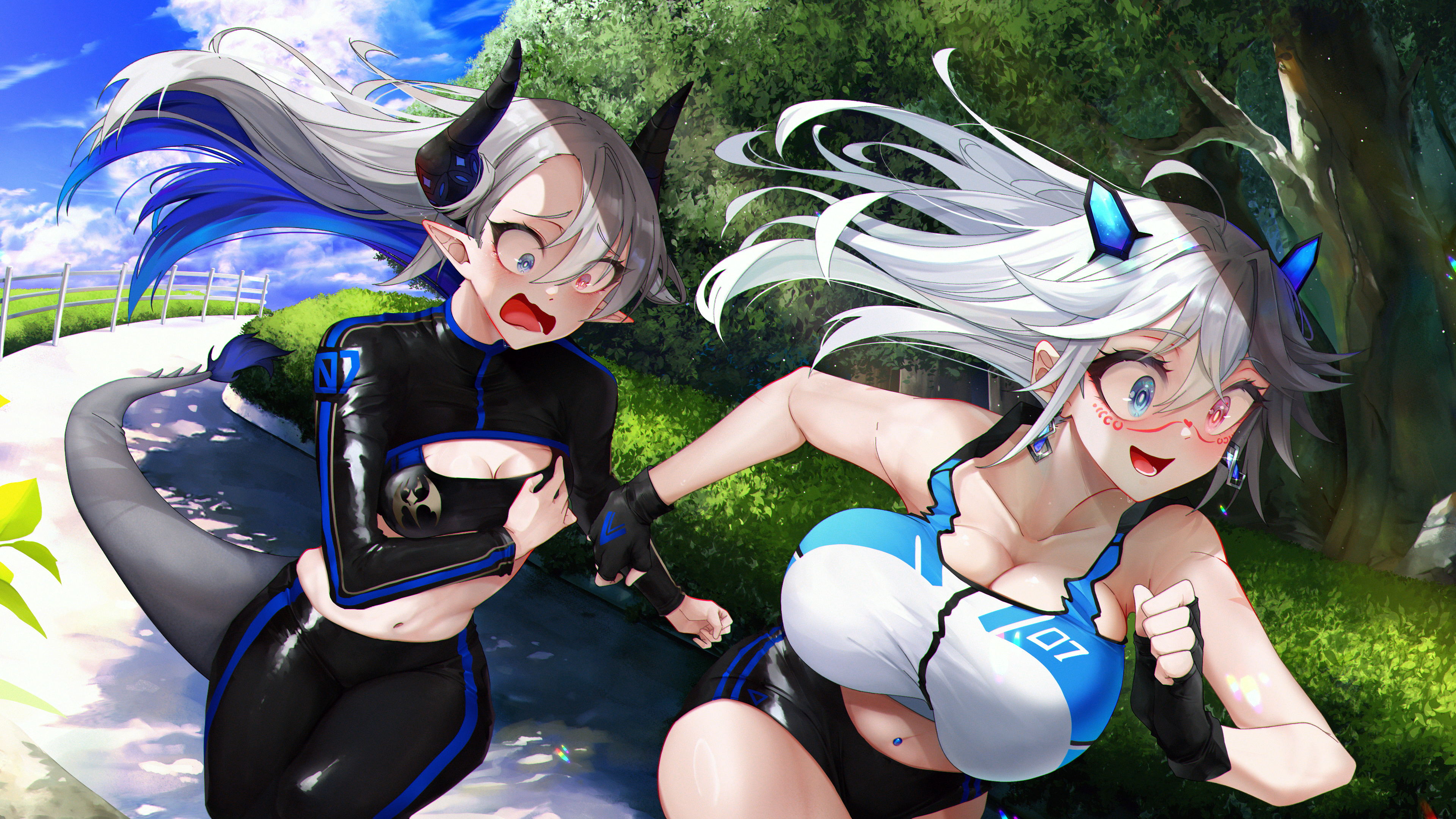 inkspirate, prot0type7, indie virtual youtuber, absurdres, highres, second-party source, 2girls, black buruma, black gloves, black horns, black pants, black shrug, blue eyes, blue hair, breasts, bright pupils, buruma, cleavage, cleavage cutout, clothing cutout, cloud, collarbone, colored inner hair, earrings, fingerless gloves, gloves, hair between eyes, heterochromia, horns, jewelry, large breasts, long hair, long sleeves, multicolored hair, multicolored tank top, multiple girls, navel, navel piercing, open mouth, outdoors, pants, piercing, pink eyes, pointy ears, shrug (clothing), sky, smile, tail, tank top, tree, virtual youtuber, white hair, white pupils, white tank top