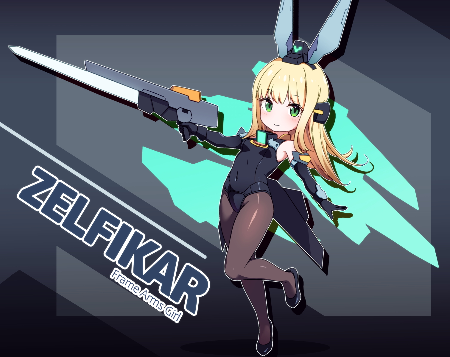 ko pot-au-feu, zelfikar, frame arms girl, commentary, highres, 1girl, black gloves, black leotard, black shoes, blonde hair, breasts, brown pantyhose, character name, closed mouth, copyright name, covered navel, deformed, drop shadow, elbow gloves, full body, gloves, green eyes, headgear, highleg, highleg leotard, holding, holding weapon, leotard, long hair, looking at viewer, outline, pantyhose, shoes, small breasts, smile, solo, standing, standing on one leg, weapon, white outline