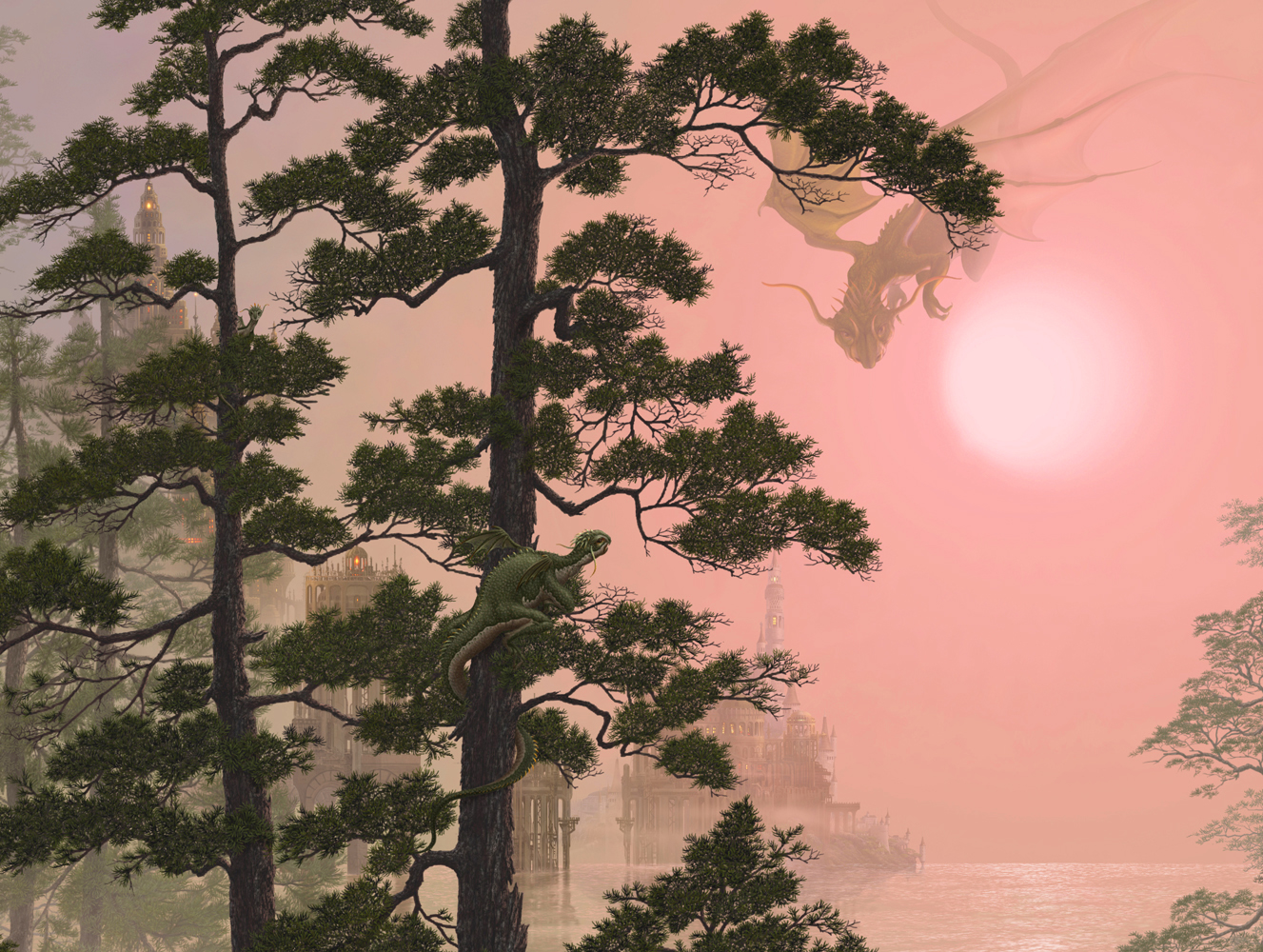 kazumasa uchio, uchio kazumasa, original, bad id, bad pixiv id, city, dragon, fantasy, no humans, ocean, scenery, sky, sun, tree