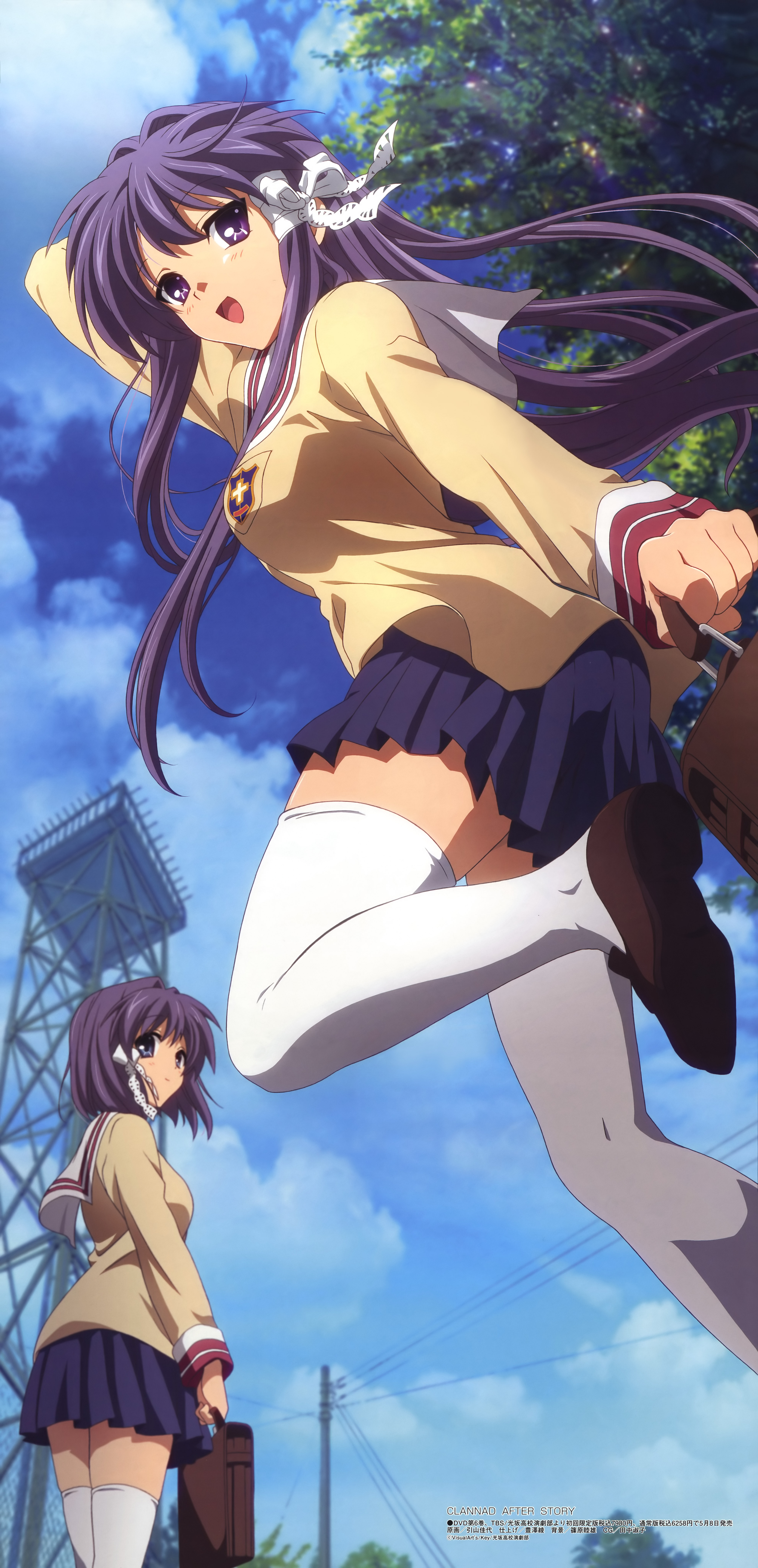 hikiyama kayo, fujibayashi kyou, fujibayashi ryou, clannad, megami magazine, absurdres, highres, official art, scan, 00s, 2girls, bag, hair ribbon, loafers, multiple girls, open mouth, ribbon, school bag, school uniform, shoes, siblings, sisters, thighhighs, twins, white thighhighs, zettai ryouiki