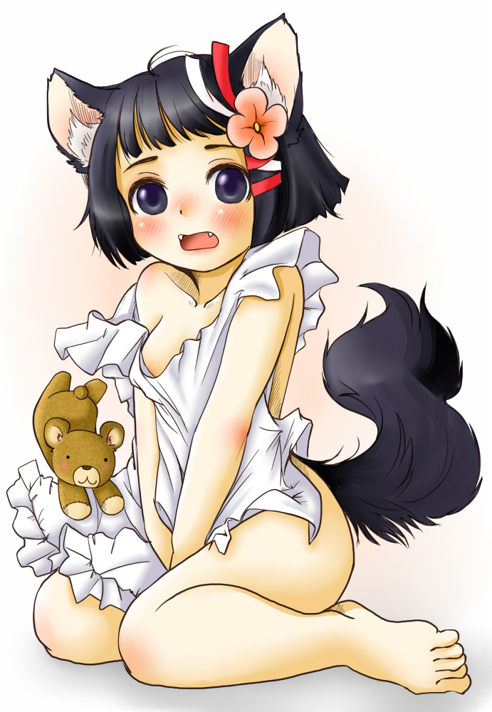 setouchi kurage, animal ears, apron, barefoot, blush, dog ears, dog tail, fangs, feet, flower, naked apron, short hair, sitting, solo, stuffed animal, stuffed toy, tail, teddy bear