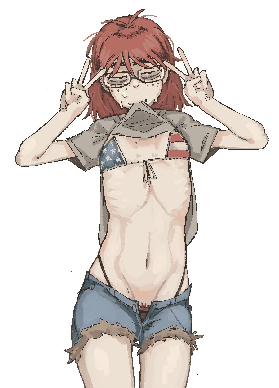 blupixl, original, highres, 1girl, american flag, american flag bikini, american flag print, bikini, borrowed character, double v, female pubic hair, flag print, flag print bikini, flat chest, freckles, glasses, jimiko, medium hair, neet girl (baalbuddy), print bikini, pubic hair, red hair, ribs, short shorts, shorts, simple background, skinny, swimsuit, v, white background