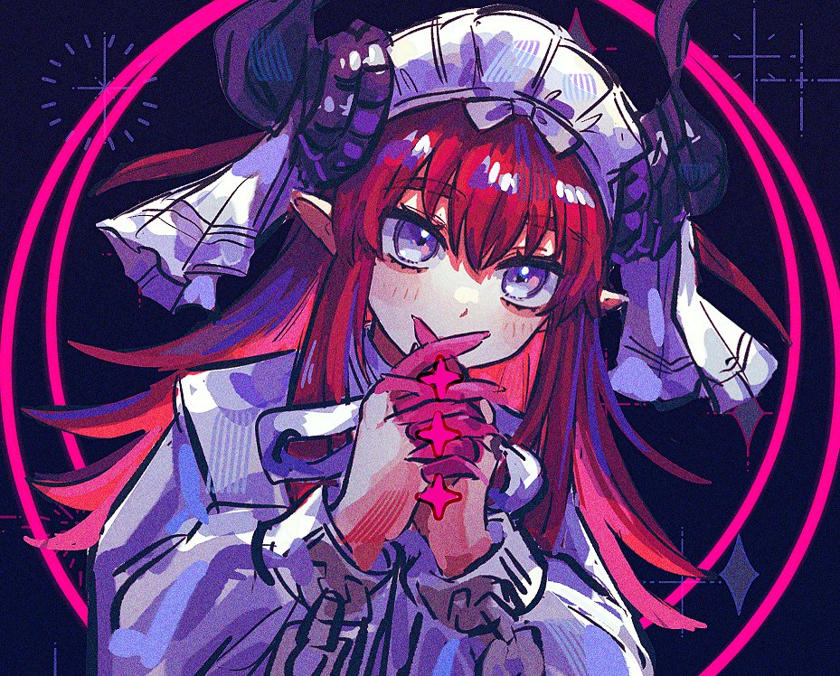 orizu lm, fate/grand order, fate (series), 1girl, blue eyes, blush, colored extremities, dragon girl, dragon horns, elizabeth bathory (avenger) (fate), horns, interlocked fingers, lolita fashion, long hair, own hands together, pointy ears, praying, purple background, red hair, solo, two side up, upper body, veil, white headdress, white veil