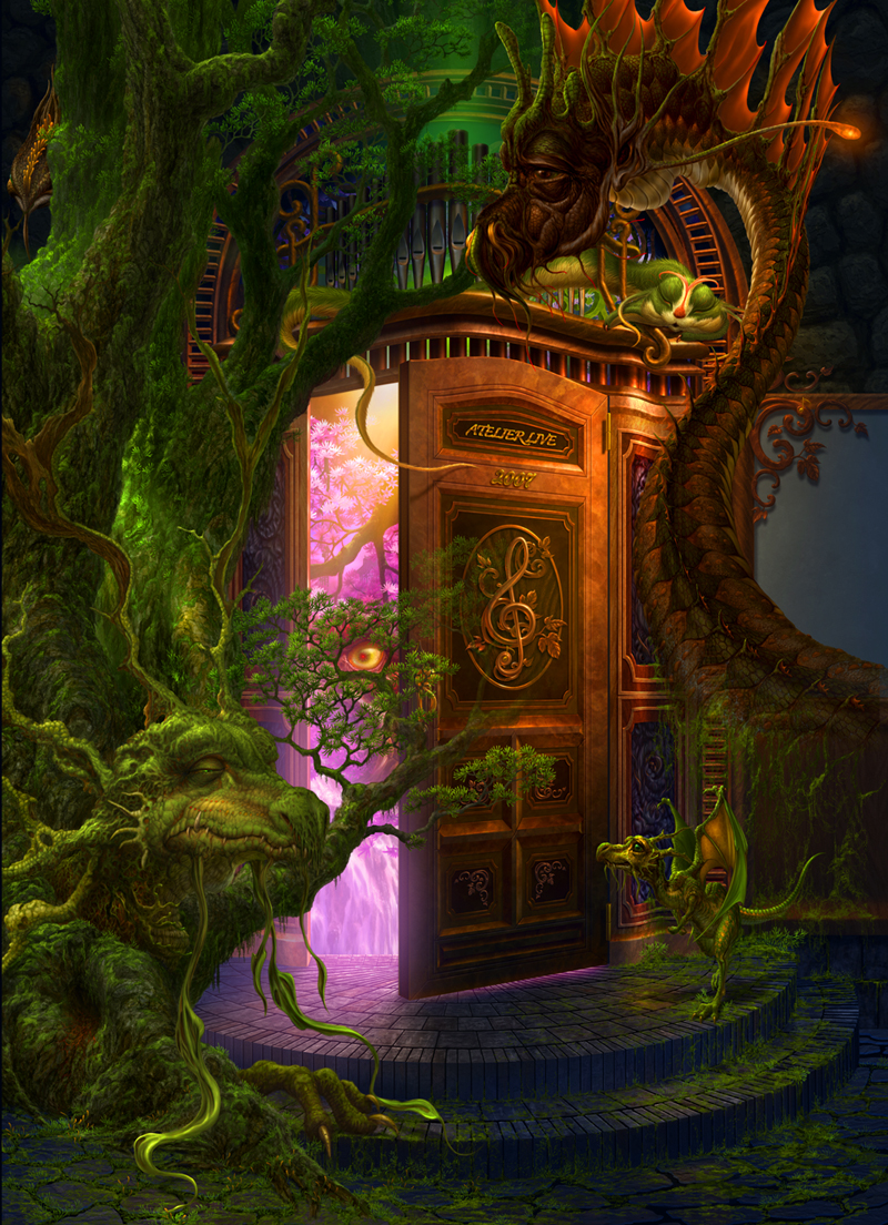 kazumasa uchio, uchio kazumasa, atelier (series), original, bad id, bad pixiv id, colorful, door, dragon, fantasy, indoors, no humans, scenery, treble clef, tree
