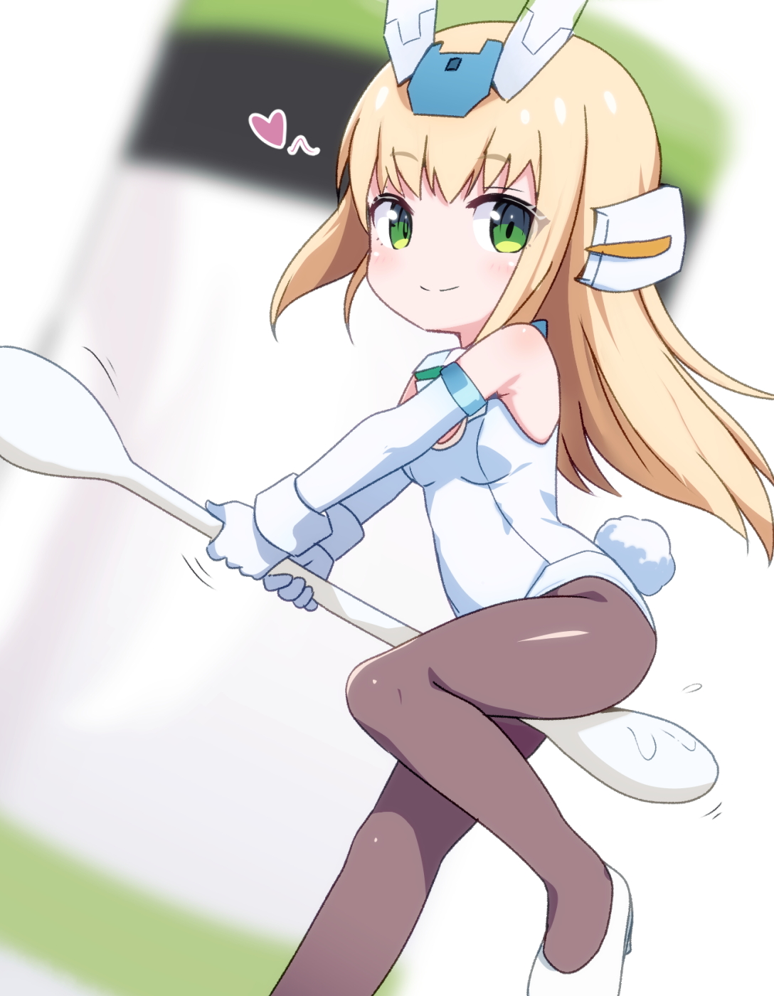 ko pot-au-feu, baselard, frame arms girl, commentary request, highres, 1girl, blonde hair, blurry, blurry background, breasts, brown pantyhose, closed mouth, cotton swab, deformed, elbow gloves, gloves, green eyes, heart, highleg, highleg leotard, holding cotton swab, leotard, long hair, looking at viewer, mini person, minigirl, pantyhose, rabbit tail, shoes, small breasts, smile, solo, split mouth, tail, white gloves, white leotard, white shoes, white wrist cuffs, wrist cuffs