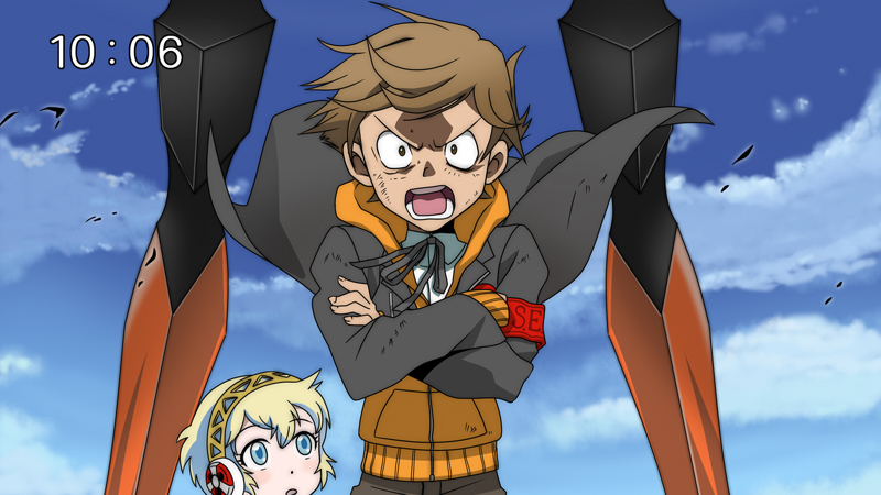 c (neta), magukappu, aigis (persona), amada ken, kala nemi, kala nemi (megami tensei), nia teppelin, simon (ttgl), atlus, persona, persona 3, tengen toppa gurren lagann, 1boy, 1girl, android, angry, armband, blonde hair, blue eyes, brown hair, clock, clockshow, crossed arms, crossover, epic, parody, shouting