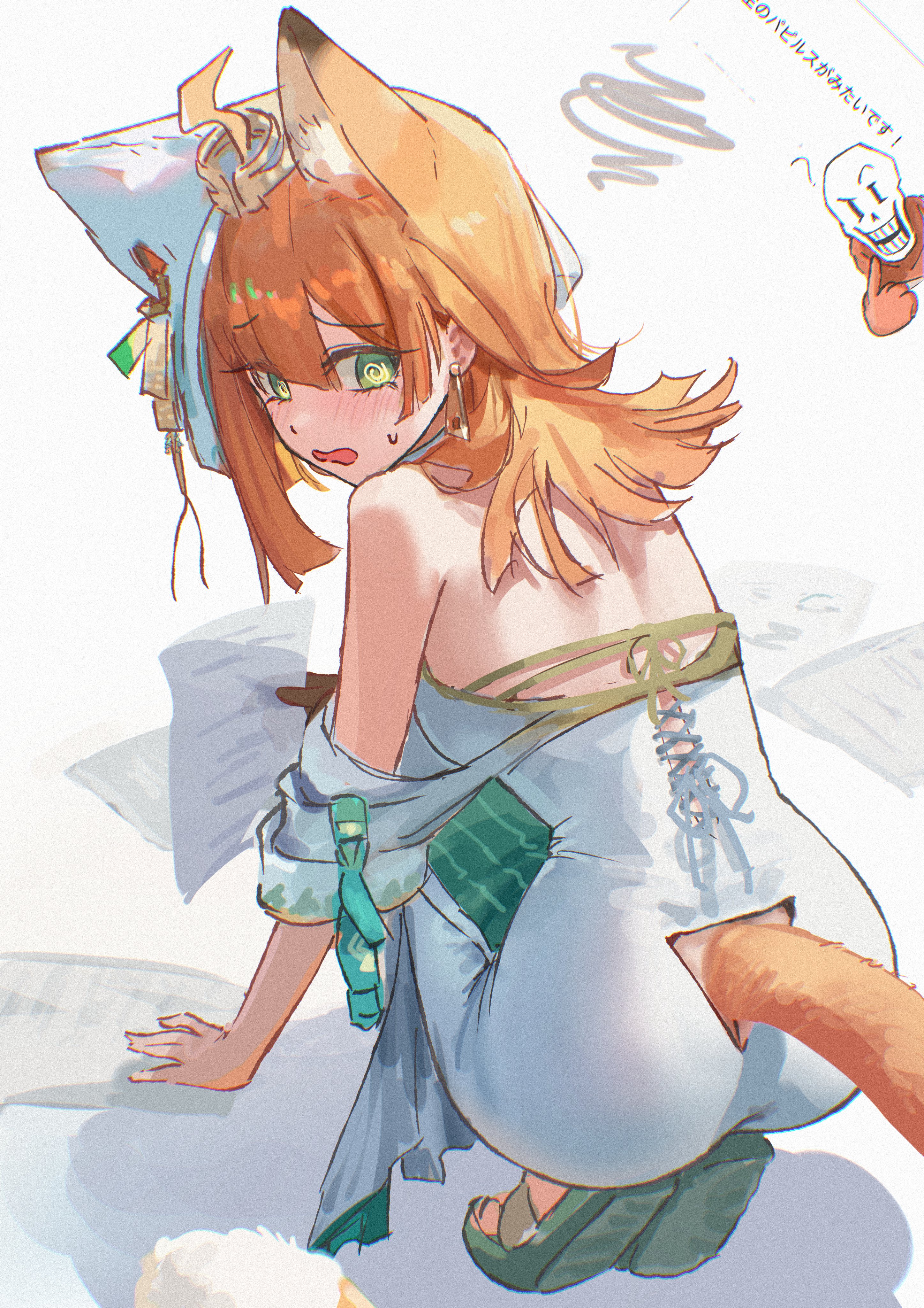 uof, papyrus (arknights), papyrus (undertale), arknights, undertale, utdr (toby fox), absurdres, commentary request, highres, translation request, 1boy, 1girl, ?, @ @, ahoge, animal ears, bare shoulders, cat ears, cat girl, cat tail, crossover, dress, earrings, extra ears, full body, green dress, green sandals, hair between eyes, holding, holding paper, jewelry, long hair, looking back, multicolored dress, open mouth, orange hair, paper, sandals, simple background, skeleton, squatting, sweatdrop, tail, two-tone dress, white background, white dress